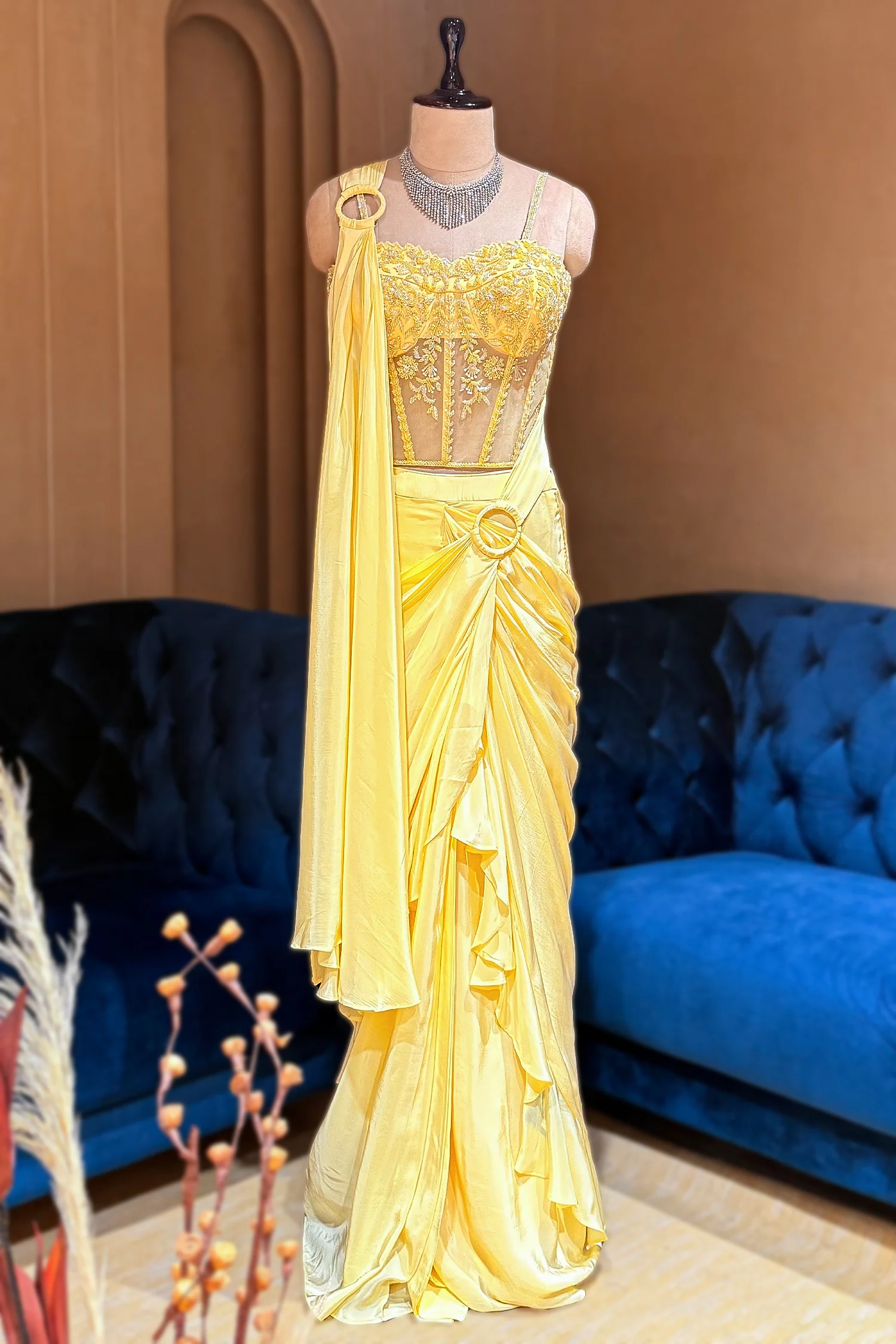 Light Yellow Crepe Satin Silk Readymade Saree with Cutdana Bead Work Corset - Image 3