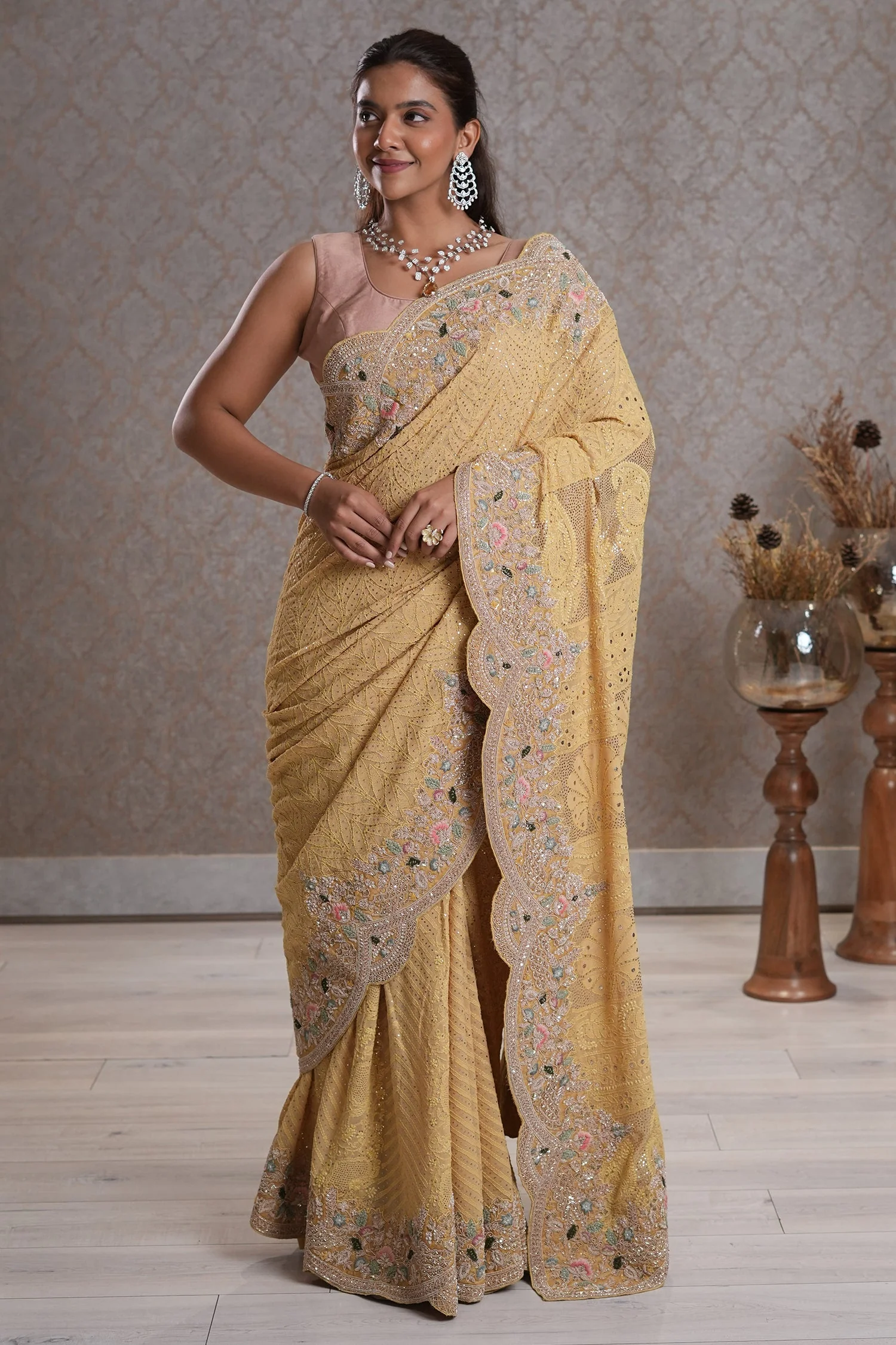 Light Yellow Designer Lucknowi Chikankari and Zardosi Worked Saree with Mukaish Work - Image 3