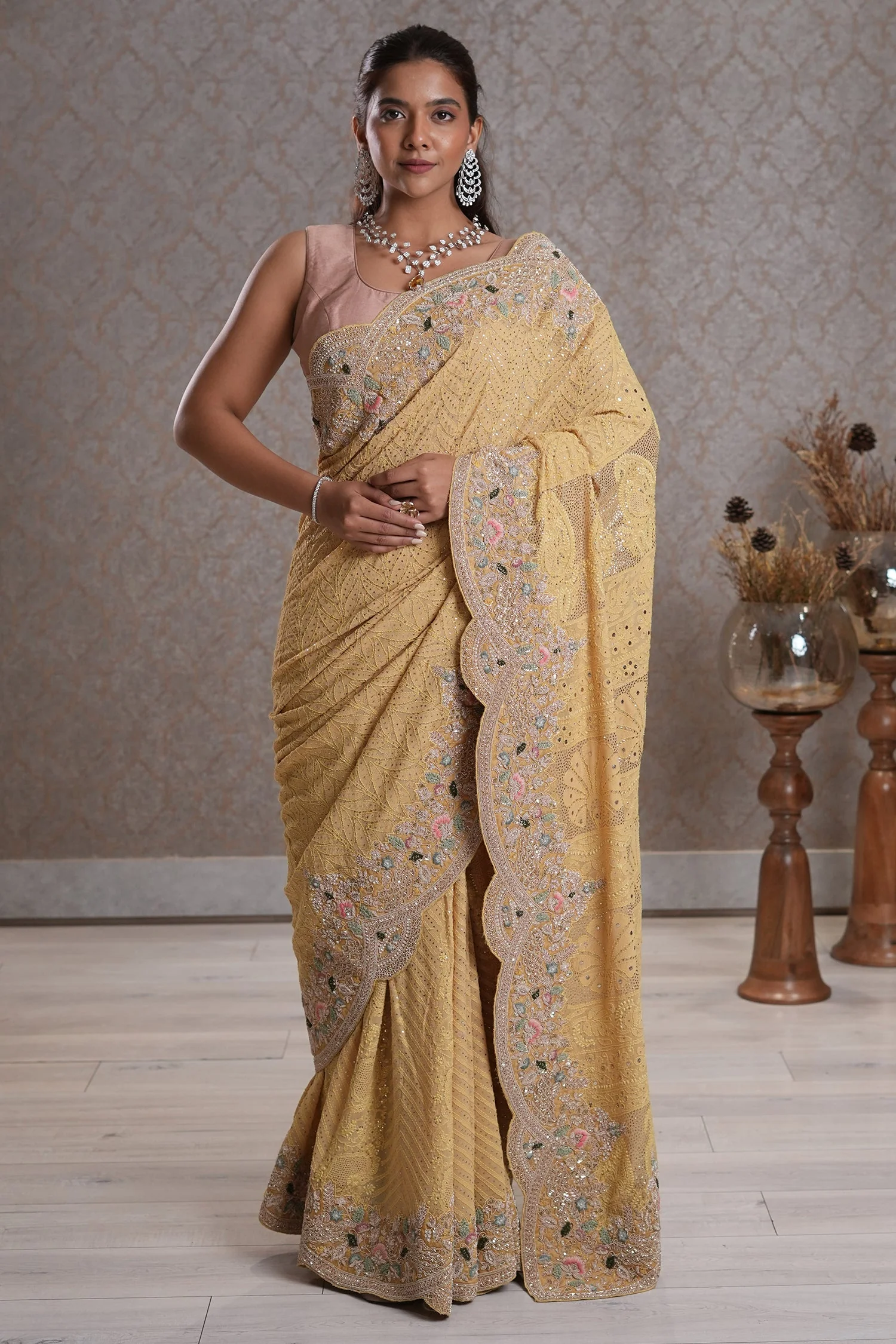 Light Yellow Designer Lucknowi Chikankari and Zardosi Worked Saree with Mukaish Work - Image 4