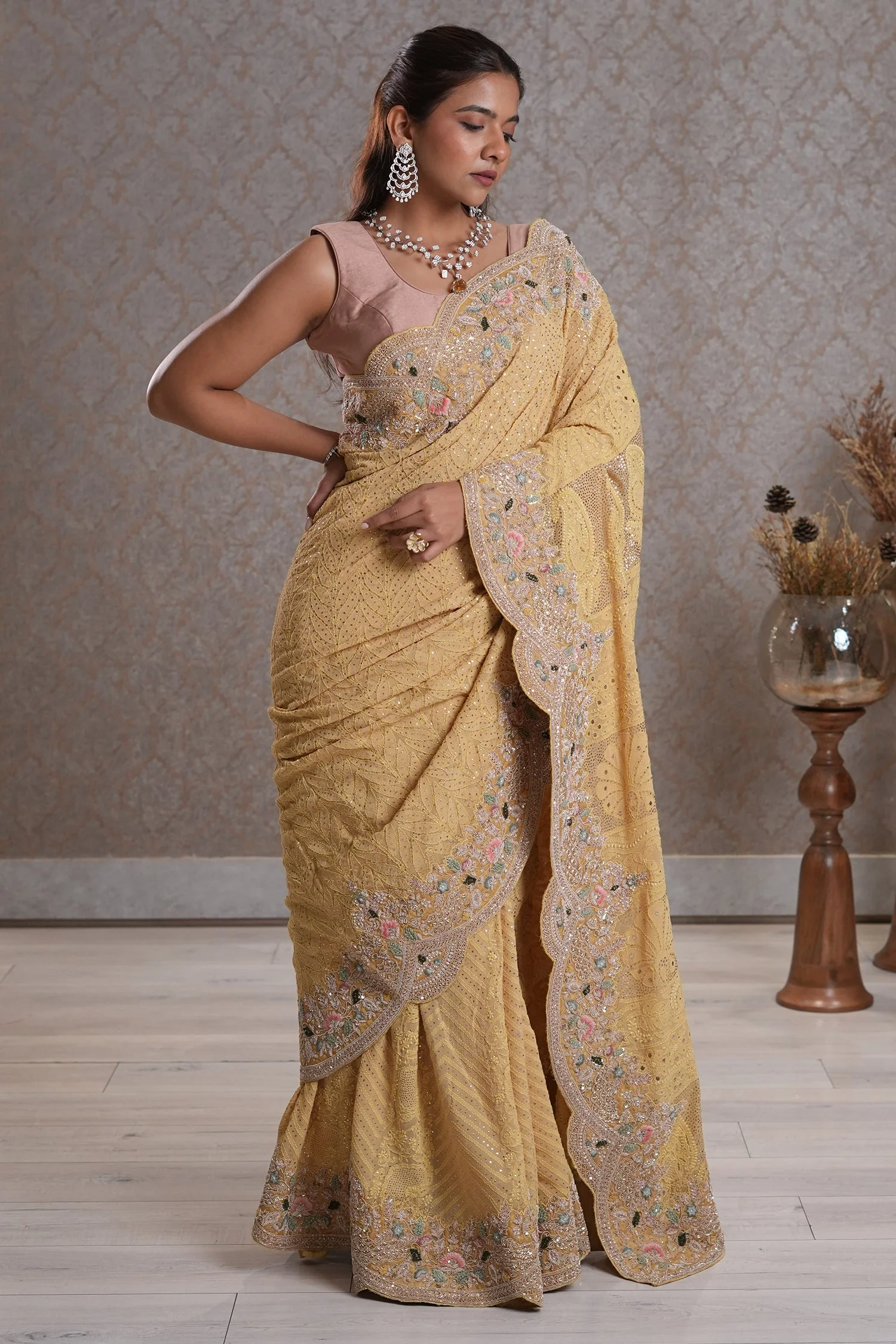 Light Yellow Designer Lucknowi Chikankari and Zardosi Worked Saree with Mukaish Work - Image 5