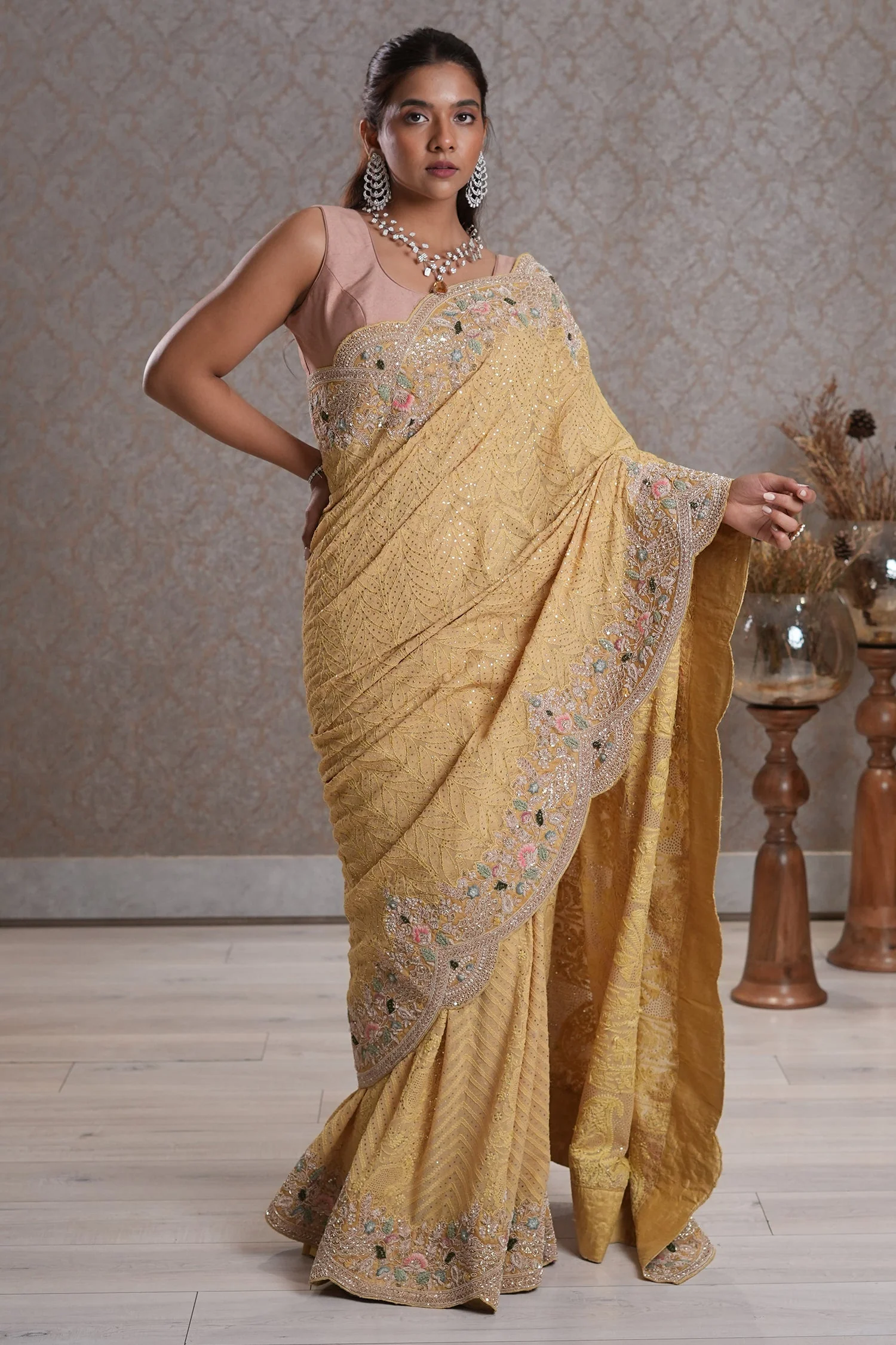 Light Yellow Designer Lucknowi Chikankari and Zardosi Worked Saree with Mukaish Work - Image 6