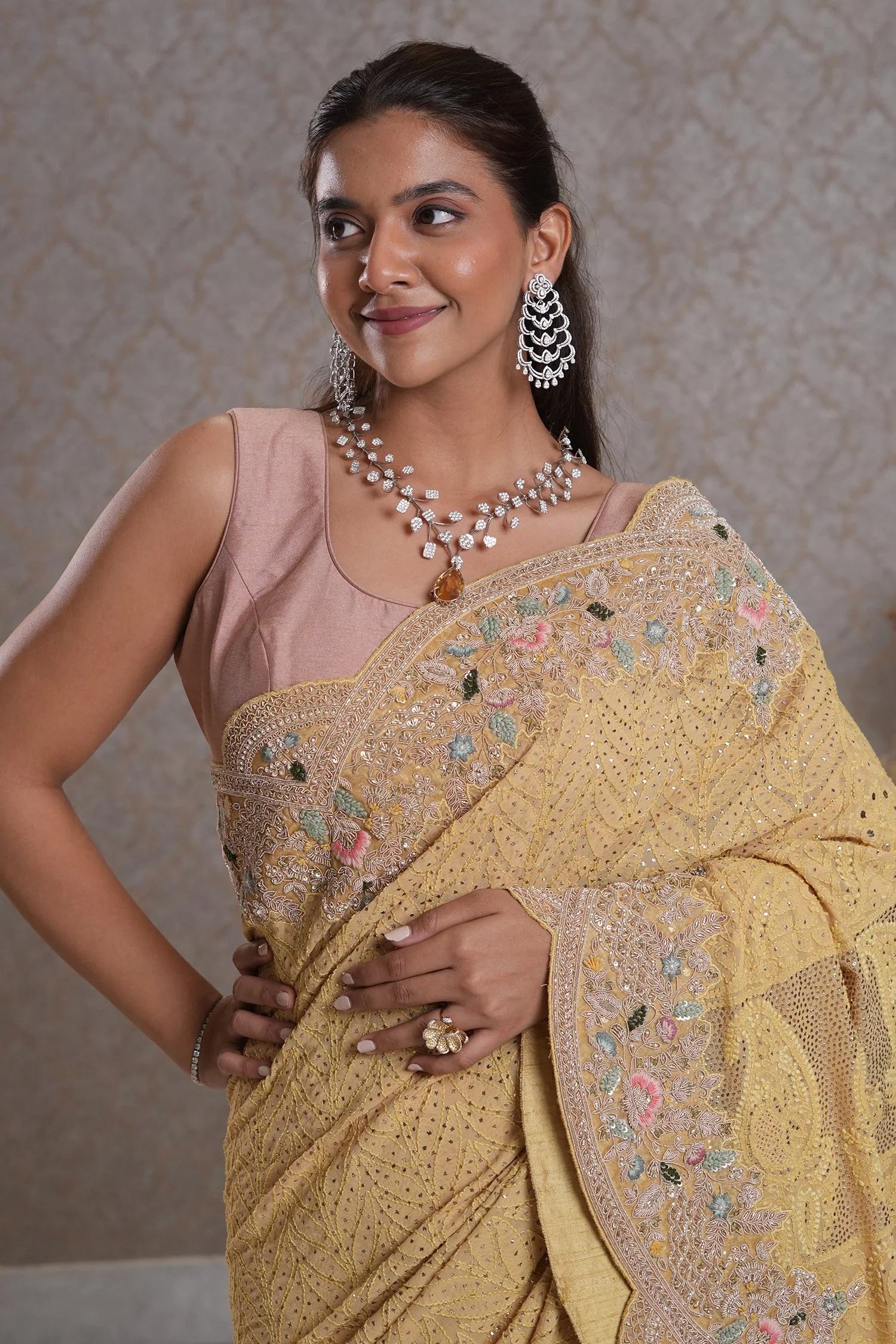 Light Yellow Designer Lucknowi Chikankari and Zardosi Worked Saree with Mukaish Work - Image 7