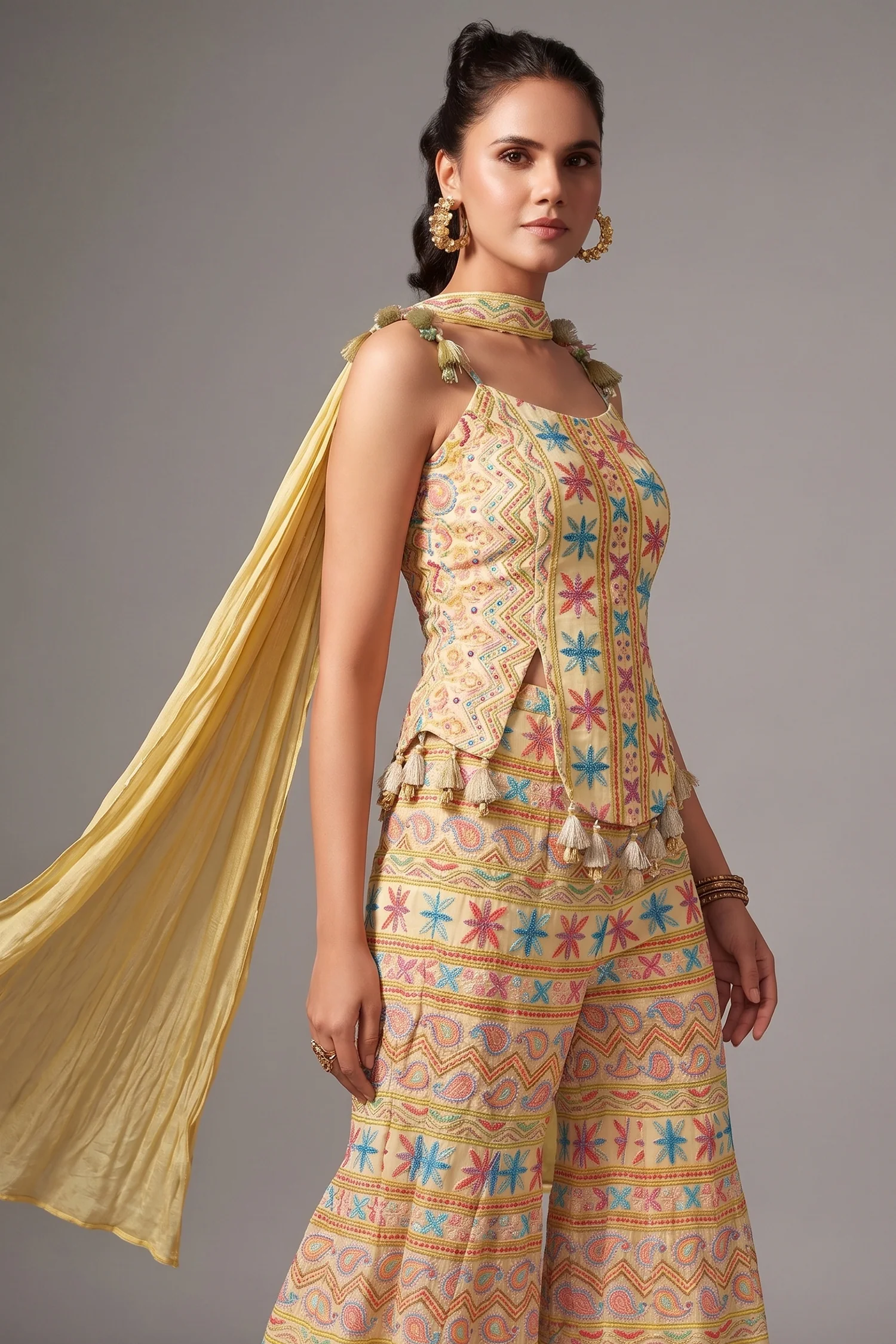 Light Yellow Georgette Embroidered Palazzo Suit - Image 2