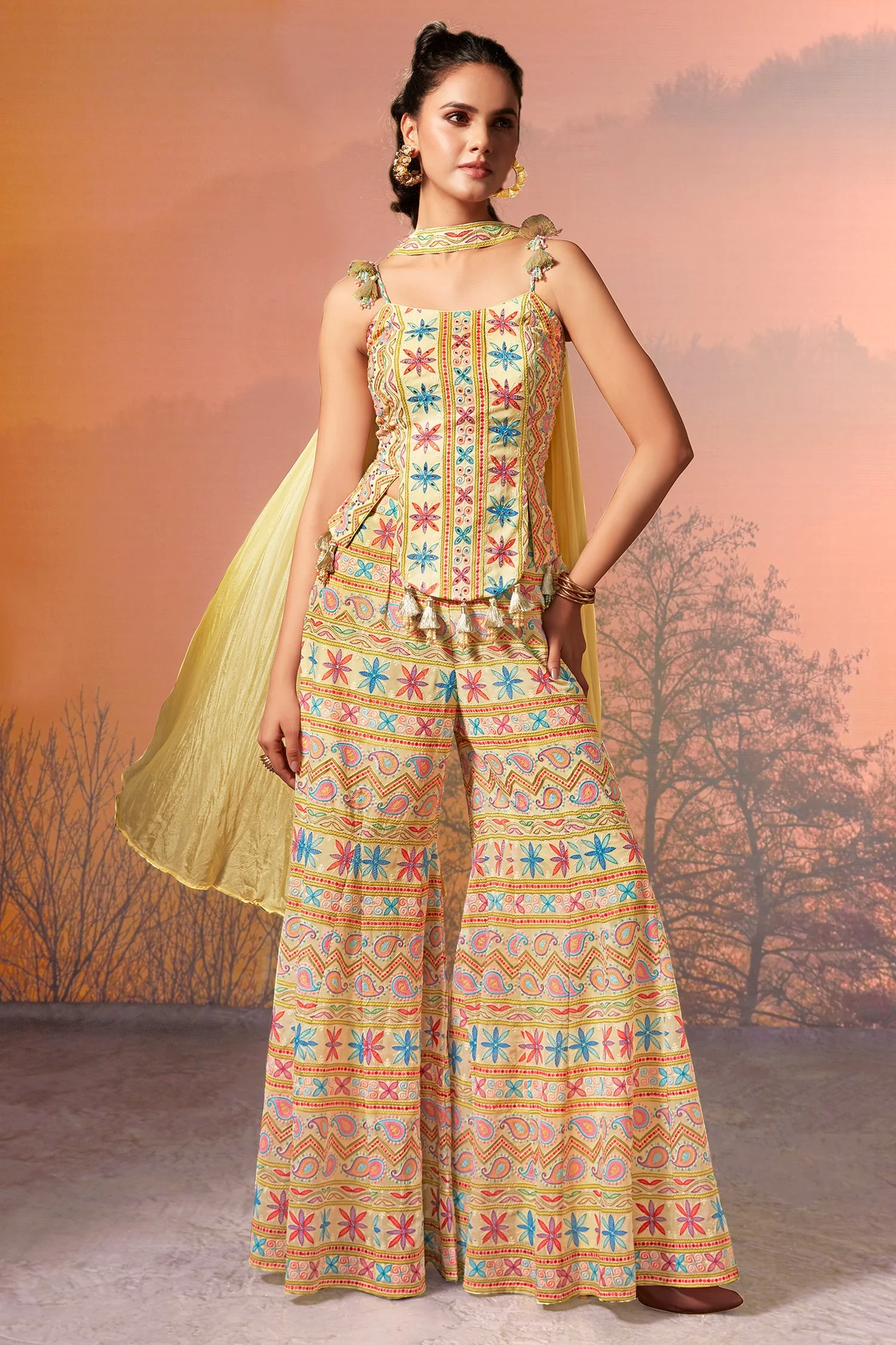 Light Yellow Georgette Embroidered Palazzo Suit - Image 3