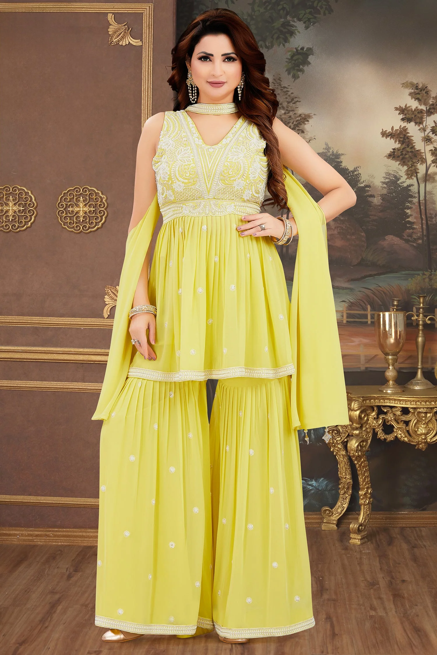 Light Yellow Georgette Embroidered Sharara Suit - Image 2