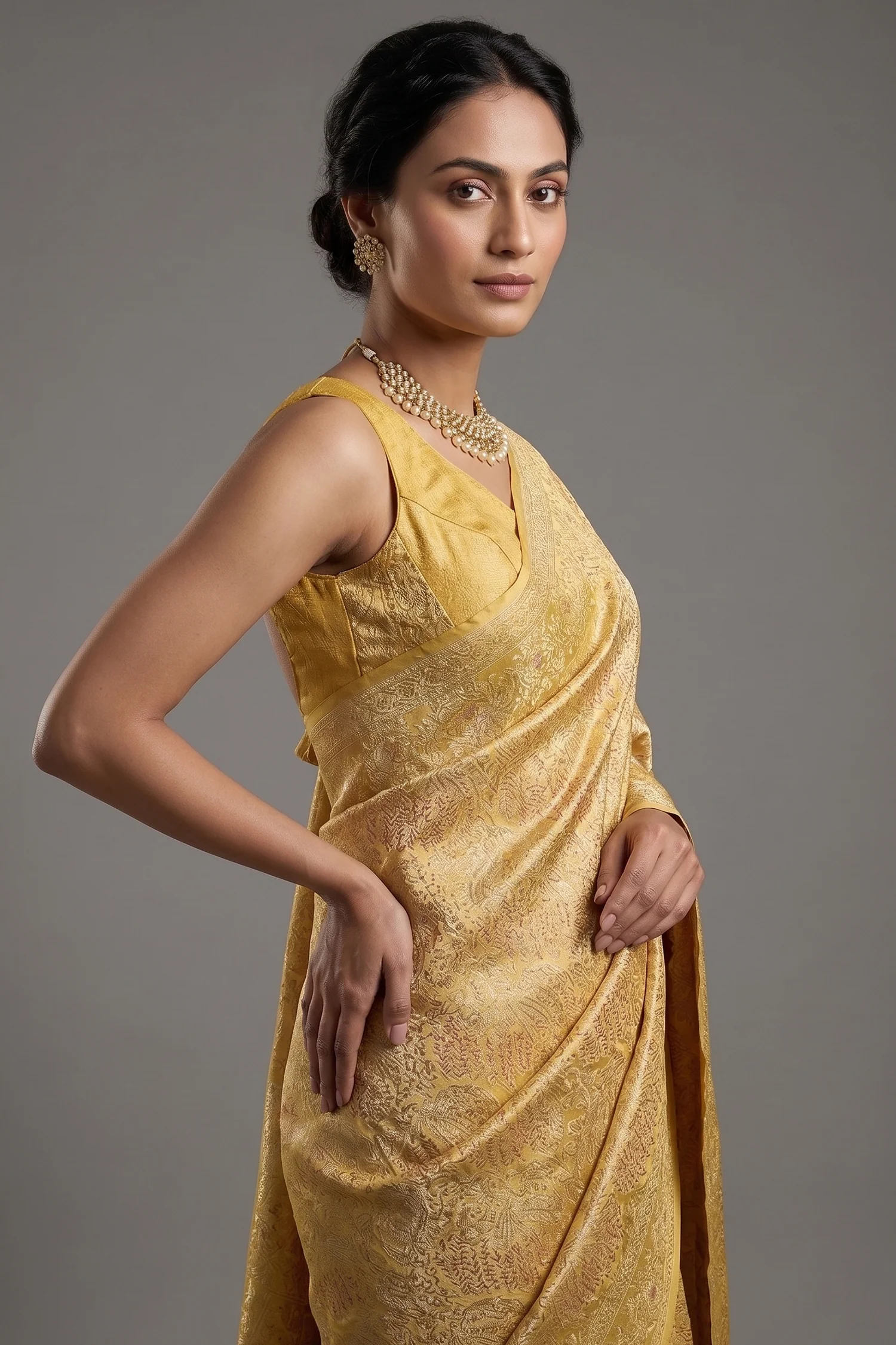 Light Yellow Silk All Over Woven Saree - Image 2