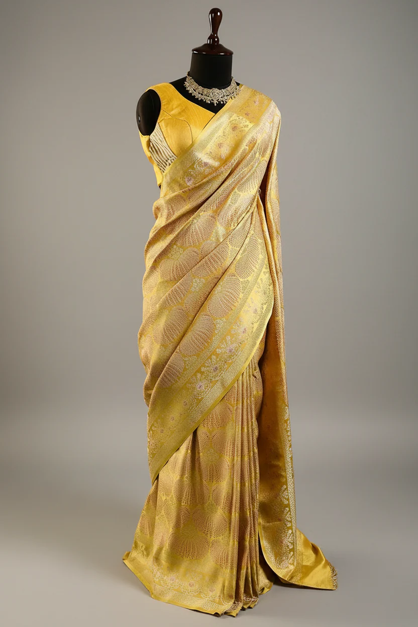 Light Yellow Silk All Over Woven Saree - Image 3