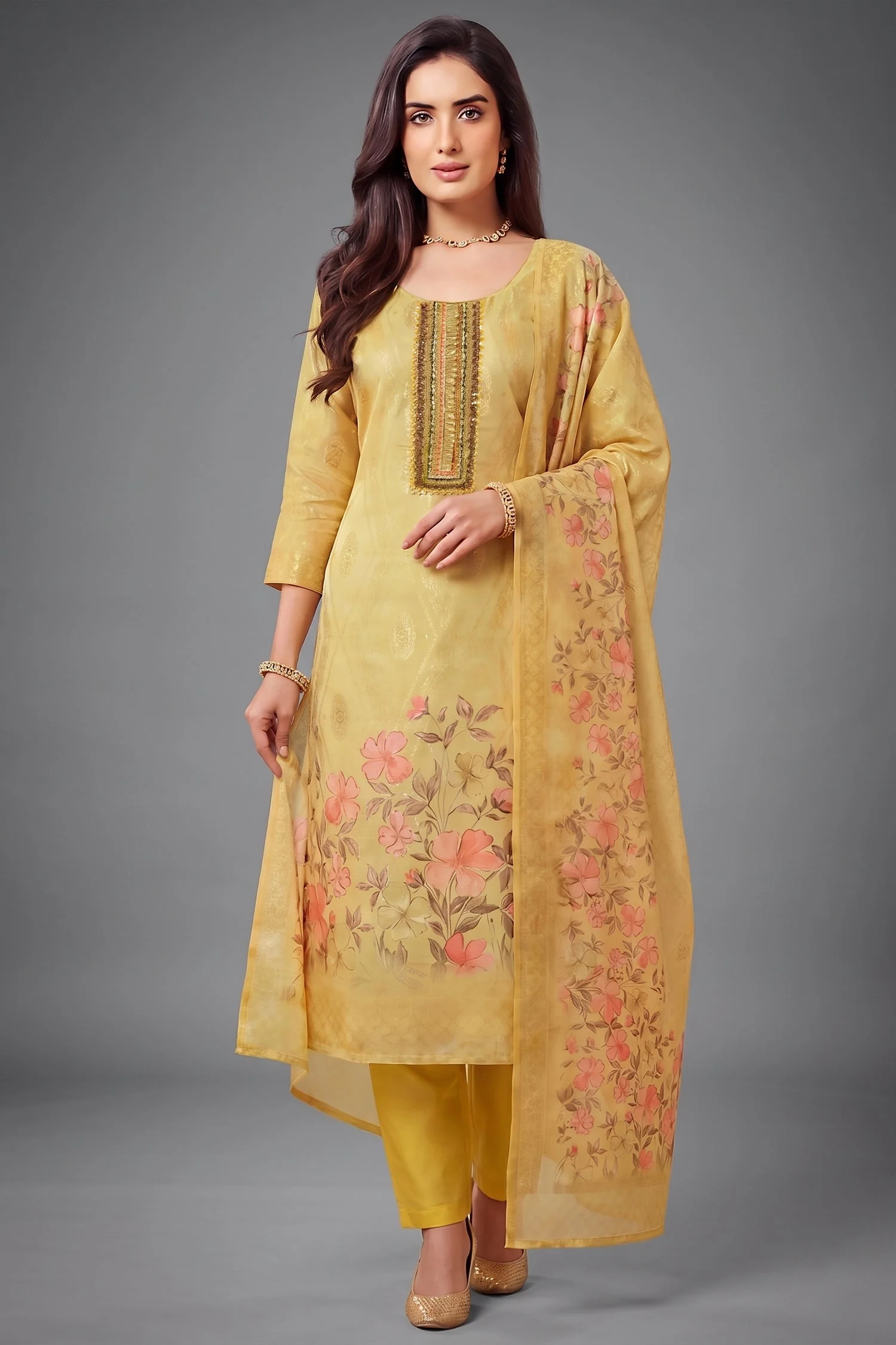 Light Yellow Tissue Floral Printed Straight Cut Suit