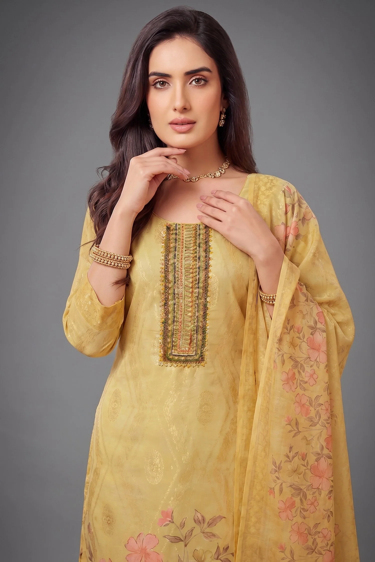Light Yellow Tissue Floral Printed Straight Cut Suit - Image 2