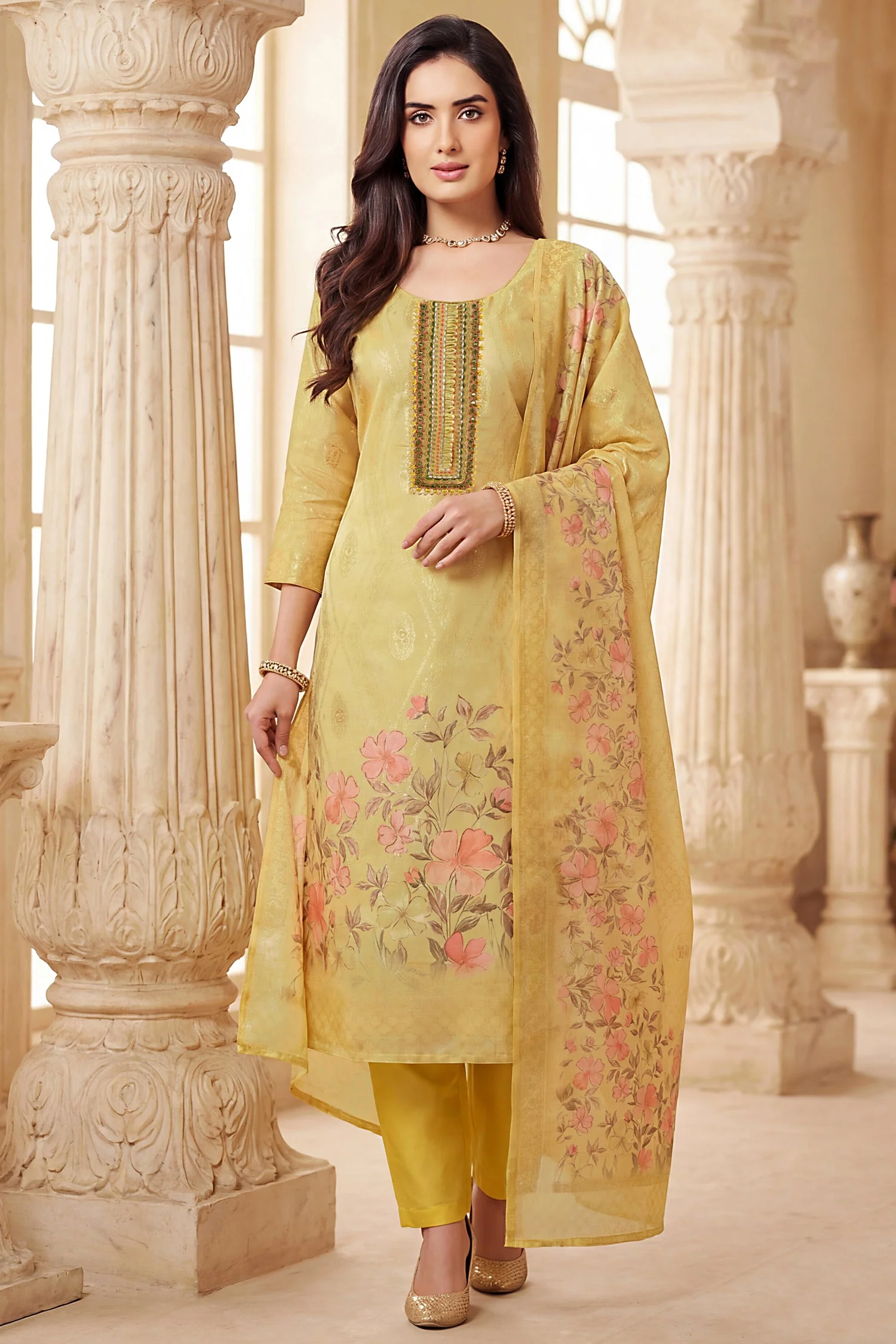 Light Yellow Tissue Floral Printed Straight Cut Suit - Image 3