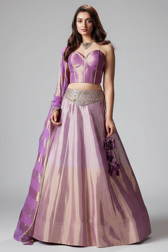 Lilac and Golden Tissue Lehenga with Handworked Waist Belt and Structured Corset Blouse