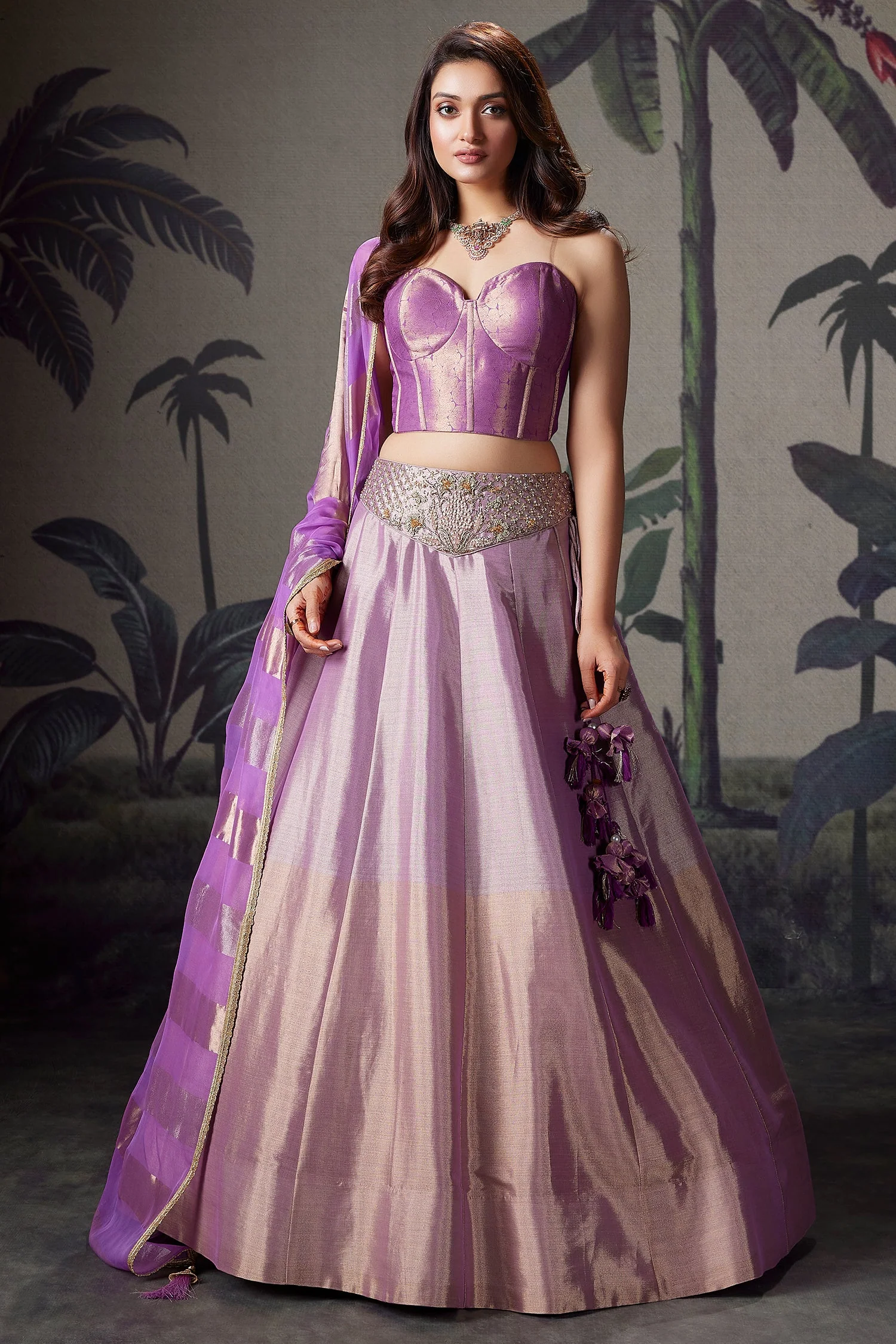 Lilac and Golden Tissue Lehenga with Handworked Waist Belt and Structured Corset Blouse - Image 3
