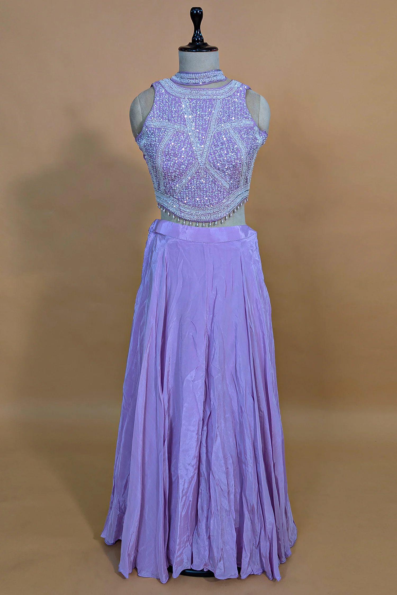 Lilac Crepe Silk Beaded and Sequin Worked Crop Top Palazzo Set - Image 4