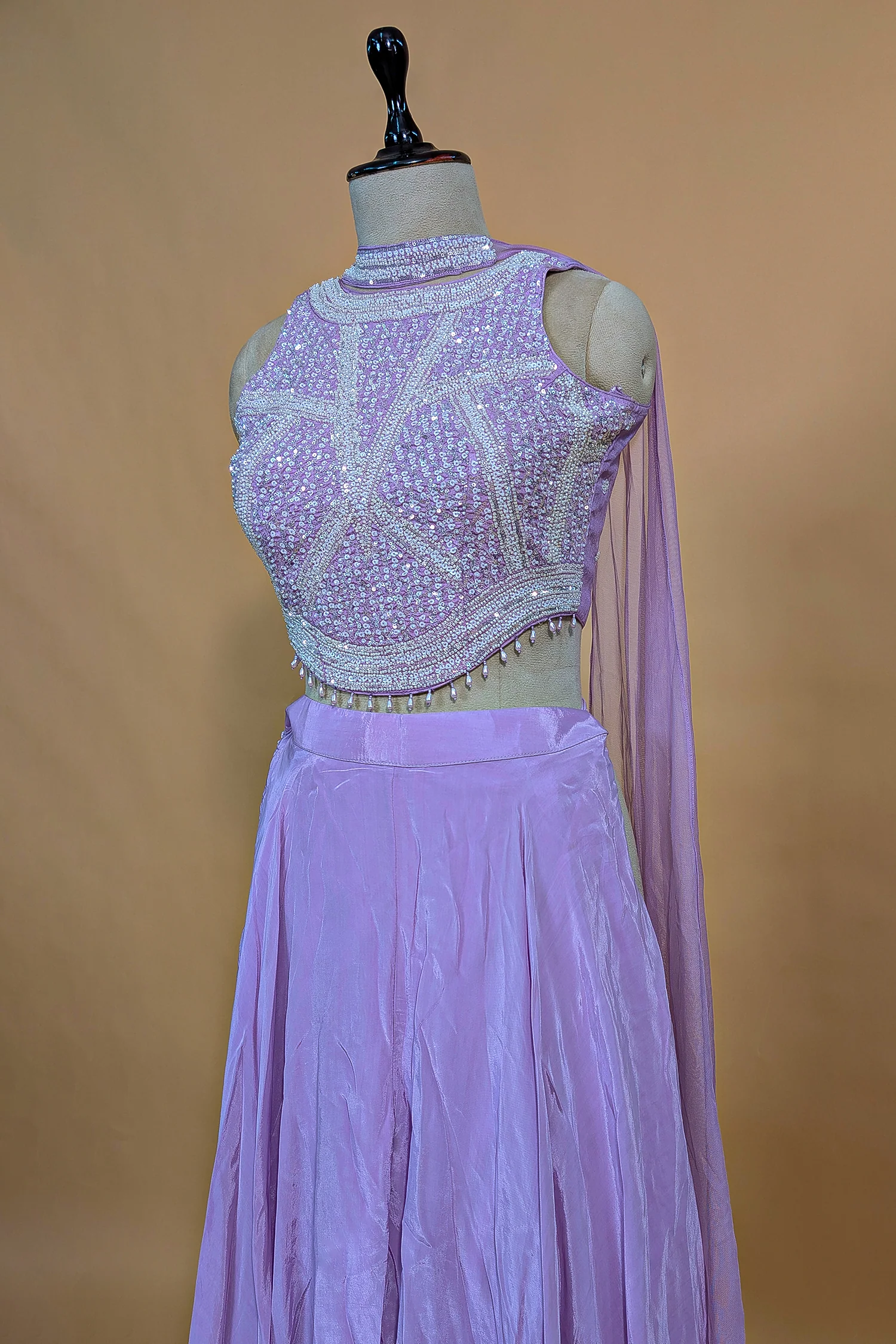 Lilac Crepe Silk Beaded and Sequin Worked Crop Top Palazzo Set - Image 5