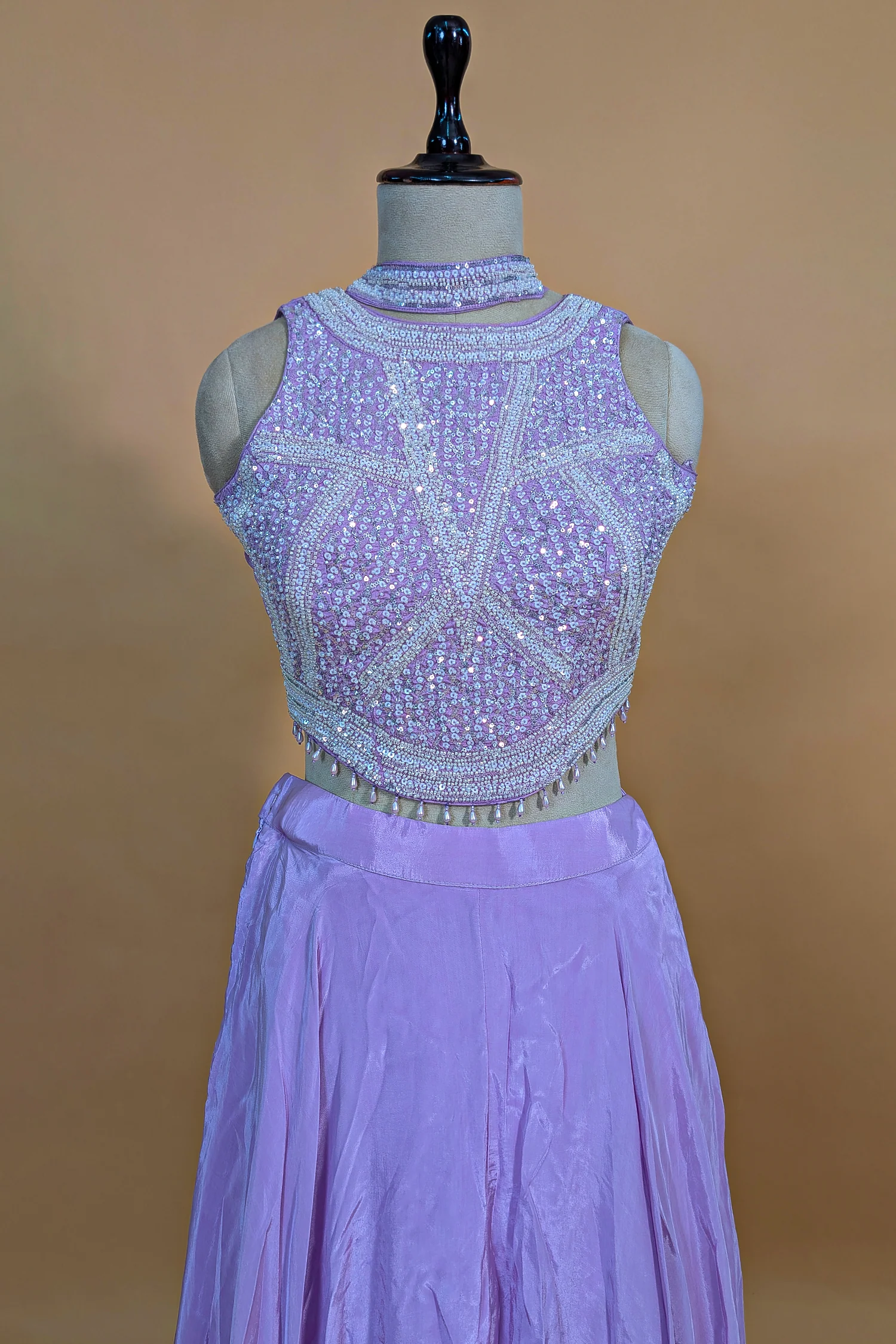 Lilac Crepe Silk Beaded and Sequin Worked Crop Top Palazzo Set - Image 6