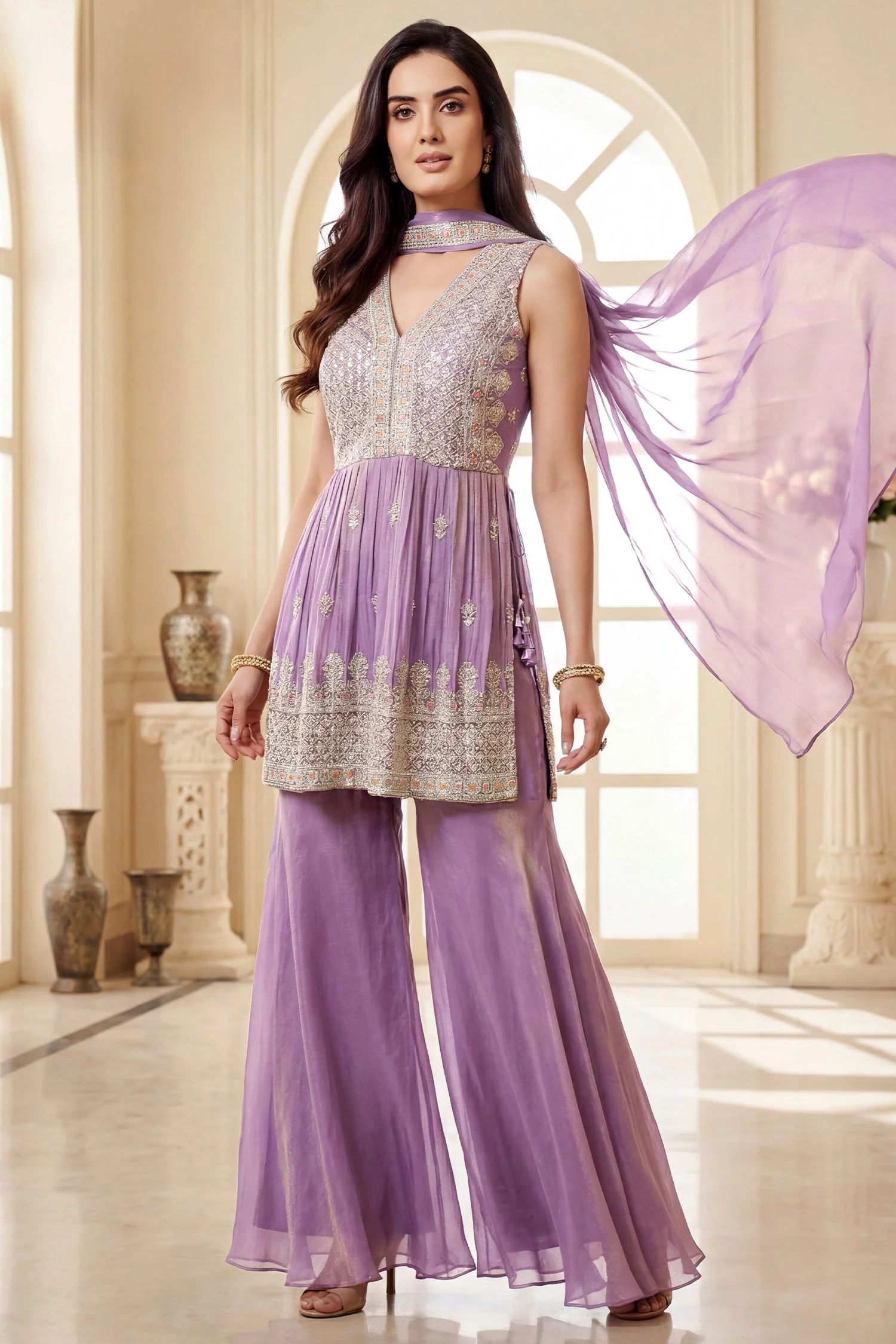 Lilac Orchid Purple Glass Tissue Organza Embroidered Palazzo Suit - Image 3