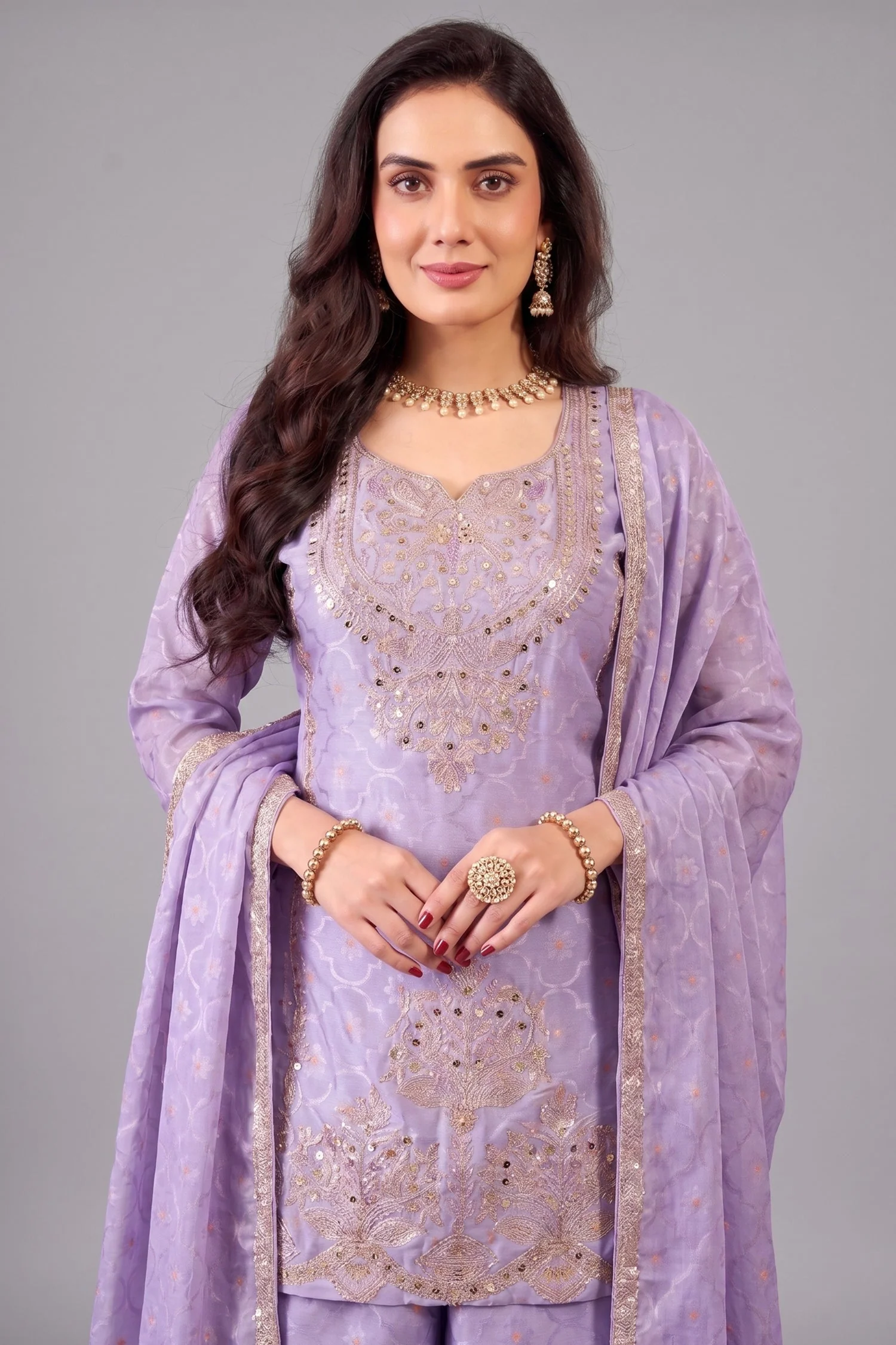Lilac Purple Chinon Silk Woven Embroidered and Applique Worked Palazzo Suit - Image 2