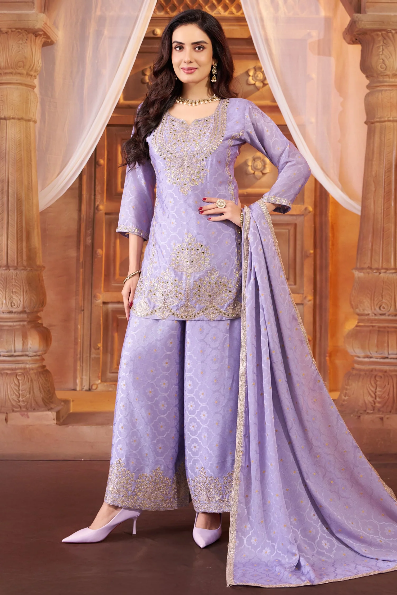 Lilac Purple Chinon Silk Woven Embroidered and Applique Worked Palazzo Suit - Image 3