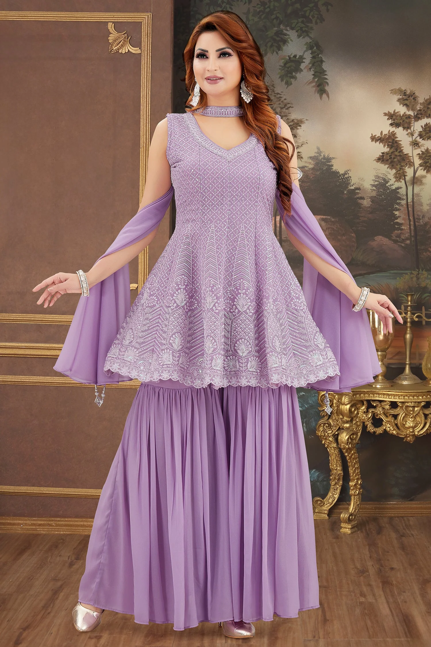 Lilac Purple Georgette Embroidered Peplum Sharara Suit - Image 2
