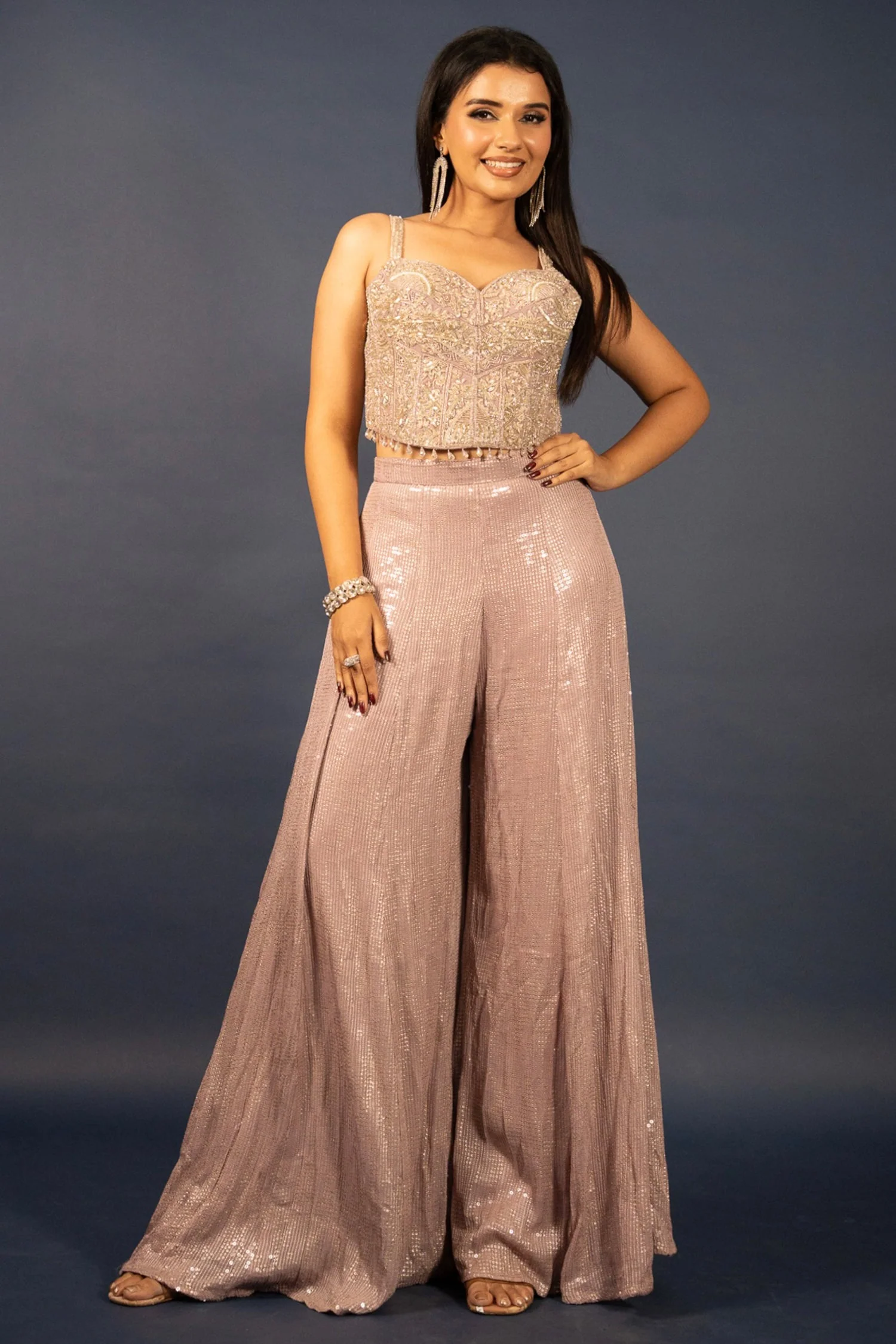 Lilac Purple Net Sequin Cutdana Worked Corset with Palazzo Set - Image 2