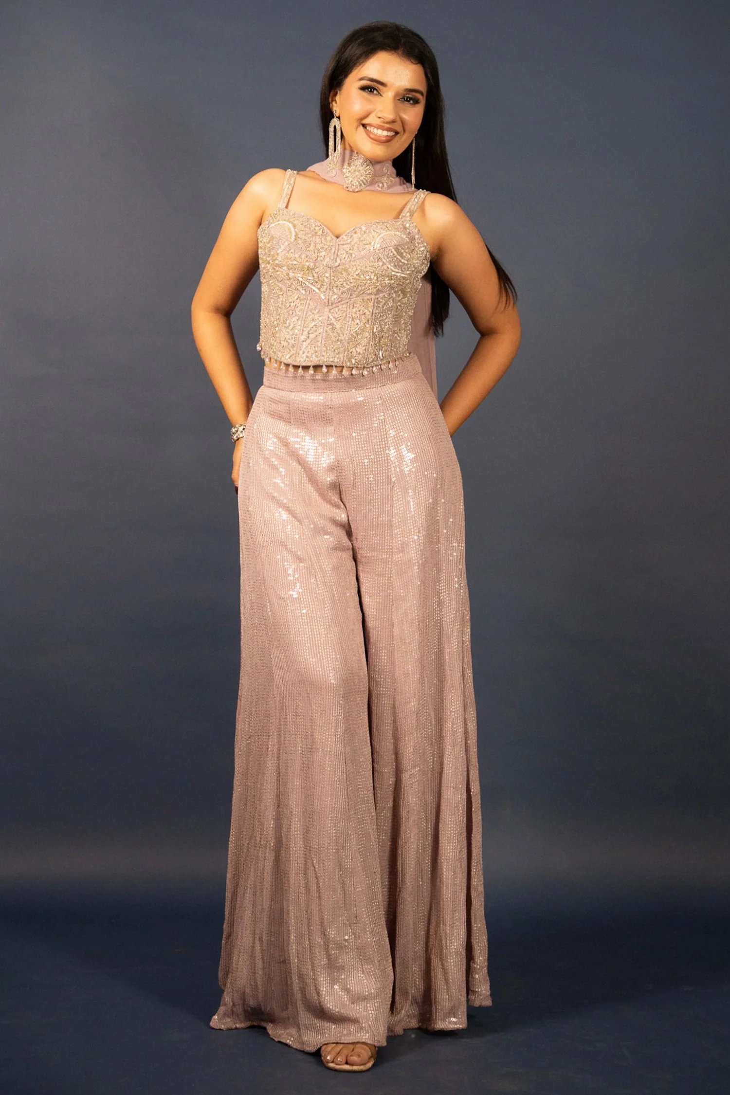 Lilac Purple Net Sequin Cutdana Worked Corset with Palazzo Set - Image 3