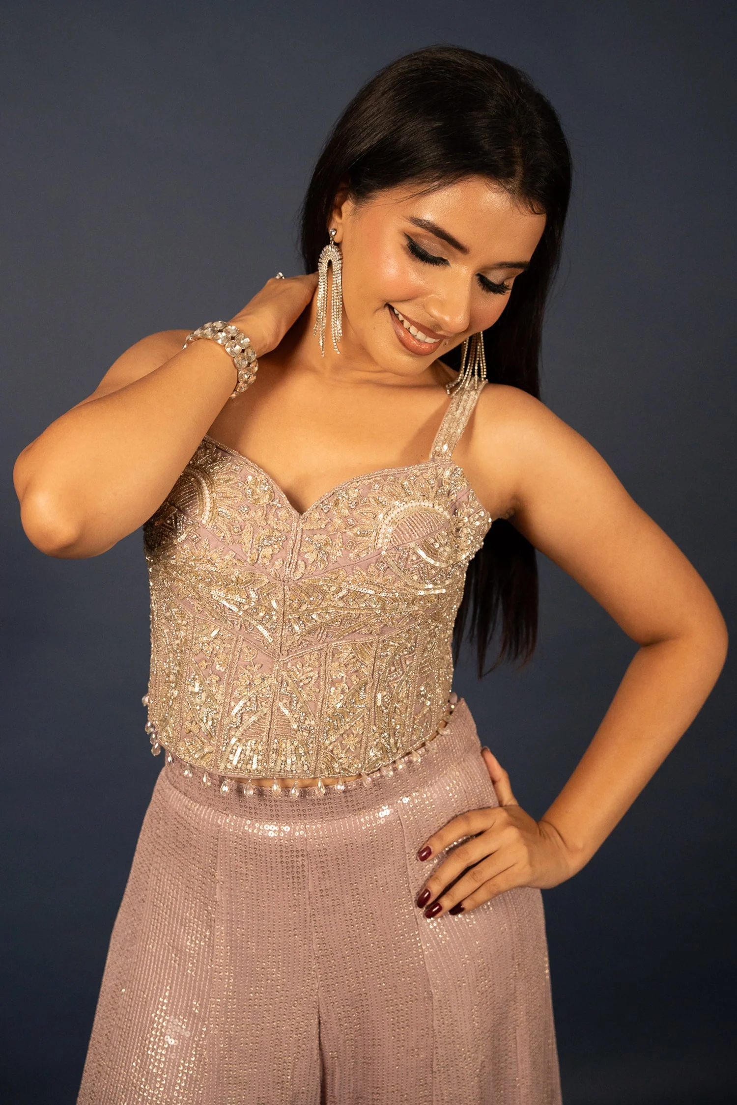 Lilac Purple Net Sequin Cutdana Worked Corset with Palazzo Set - Image 4