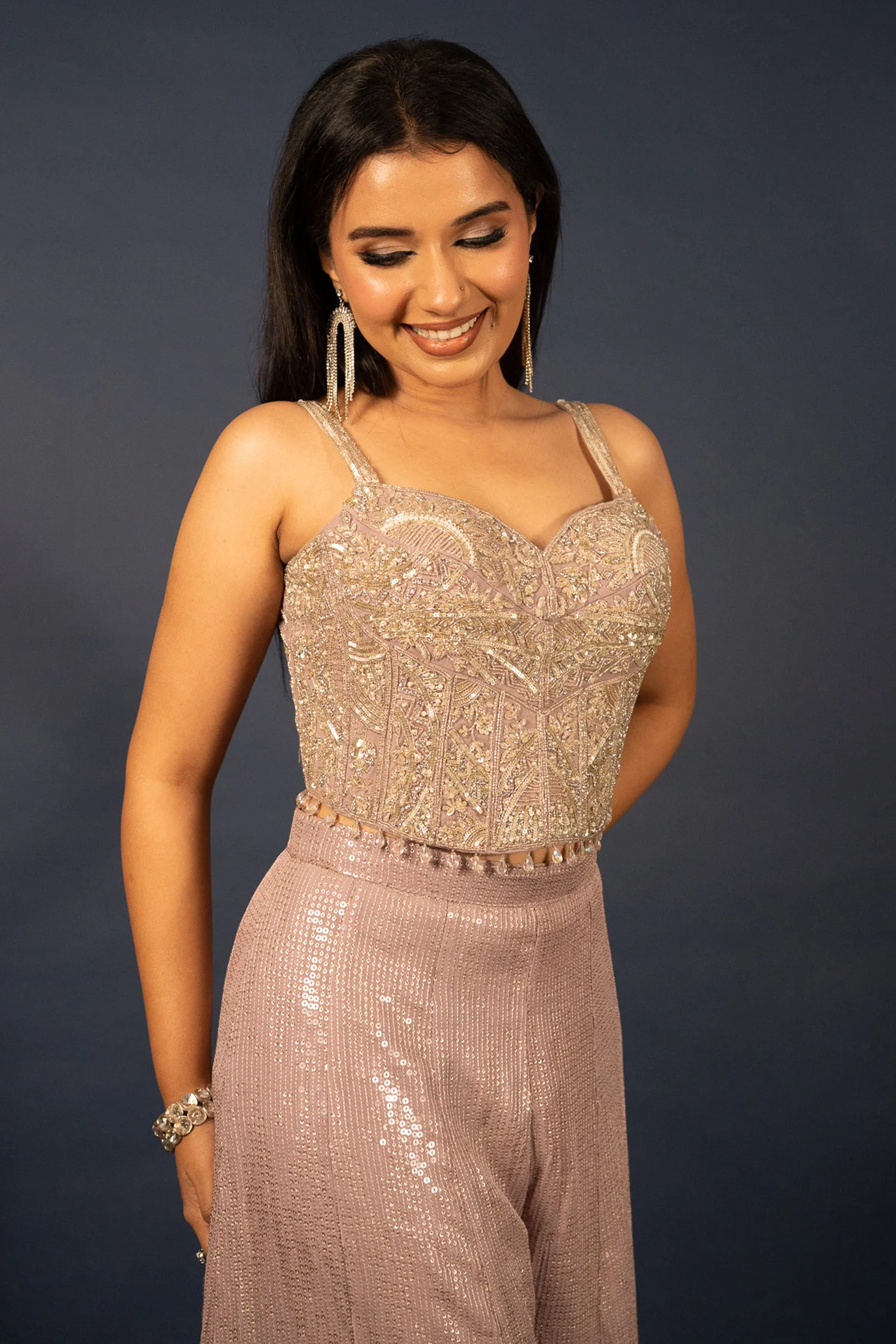 Lilac Purple Net Sequin Cutdana Worked Corset with Palazzo Set - Image 6
