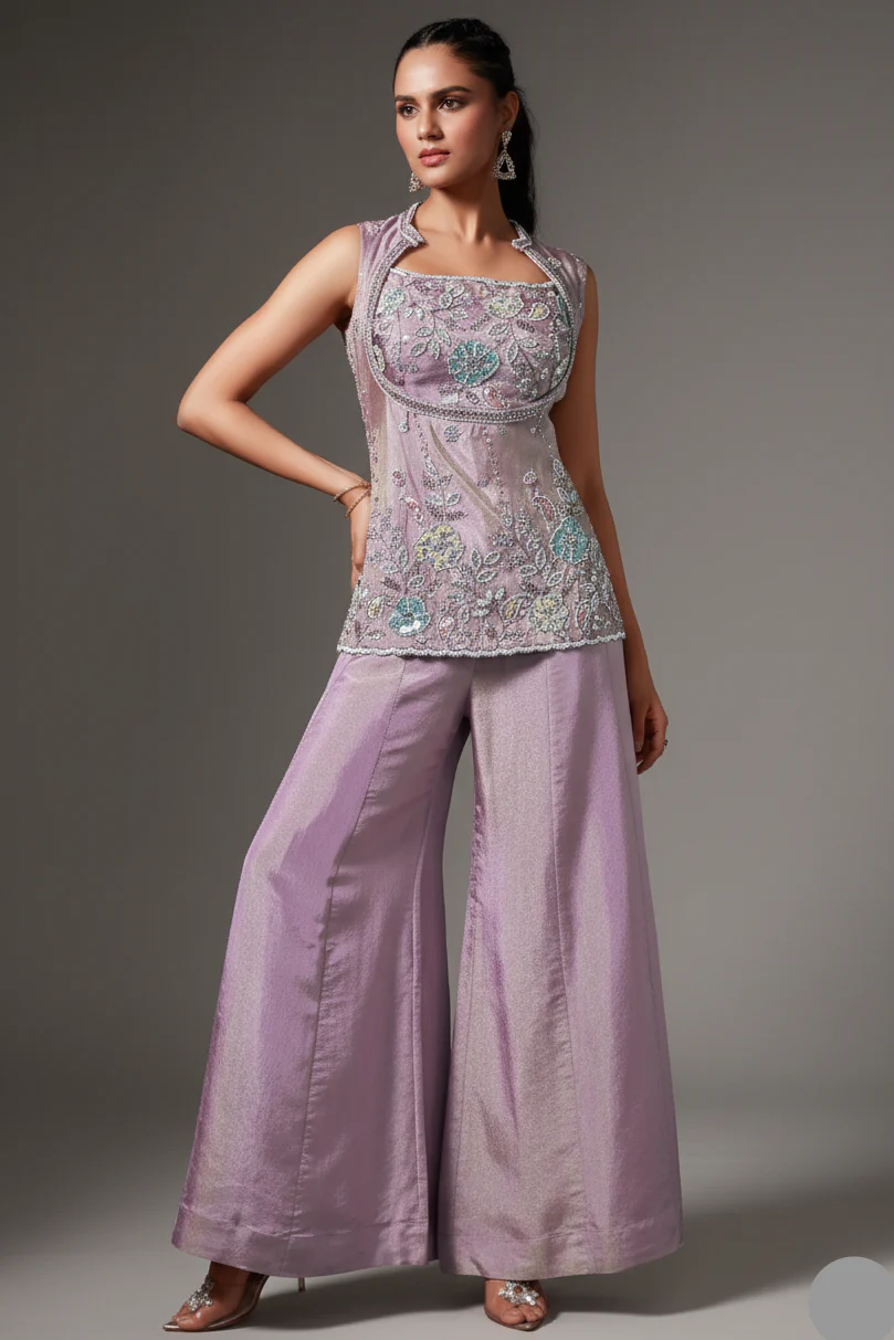Lilac Purple Tissue Silk Sequin Beaded Palazzo Set