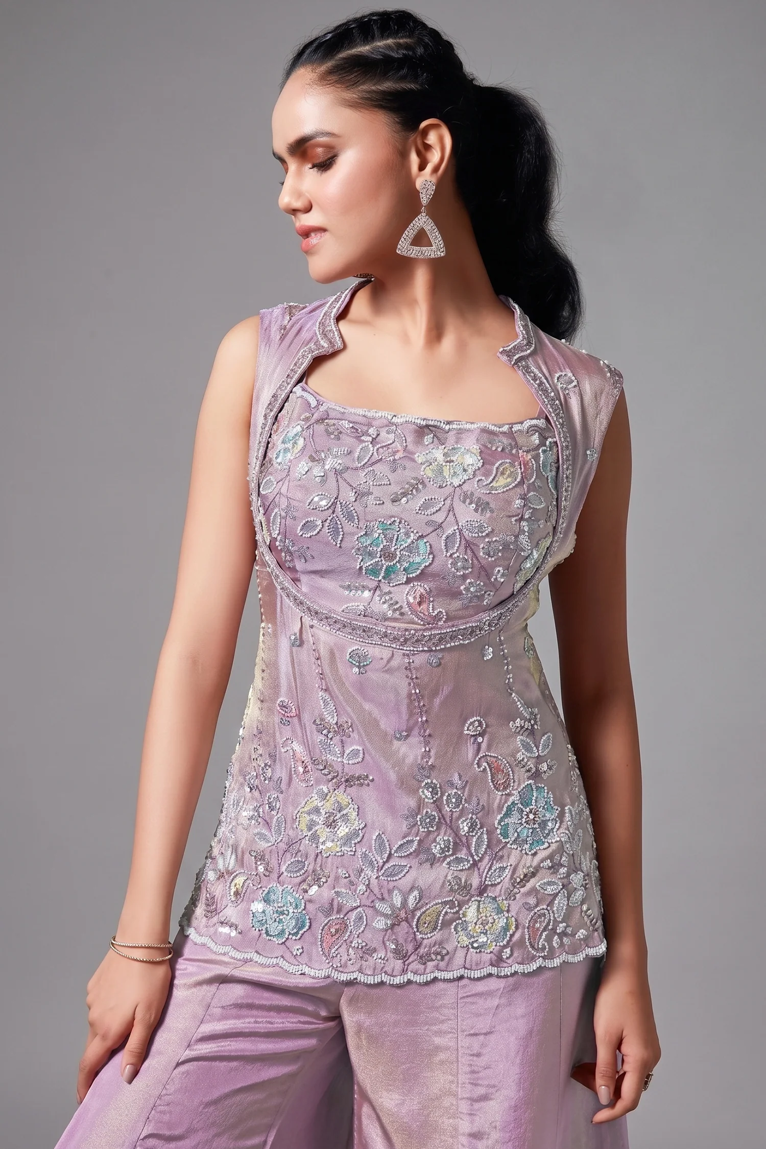 Lilac Purple Tissue Silk Sequin Beaded Palazzo Set - Image 2
