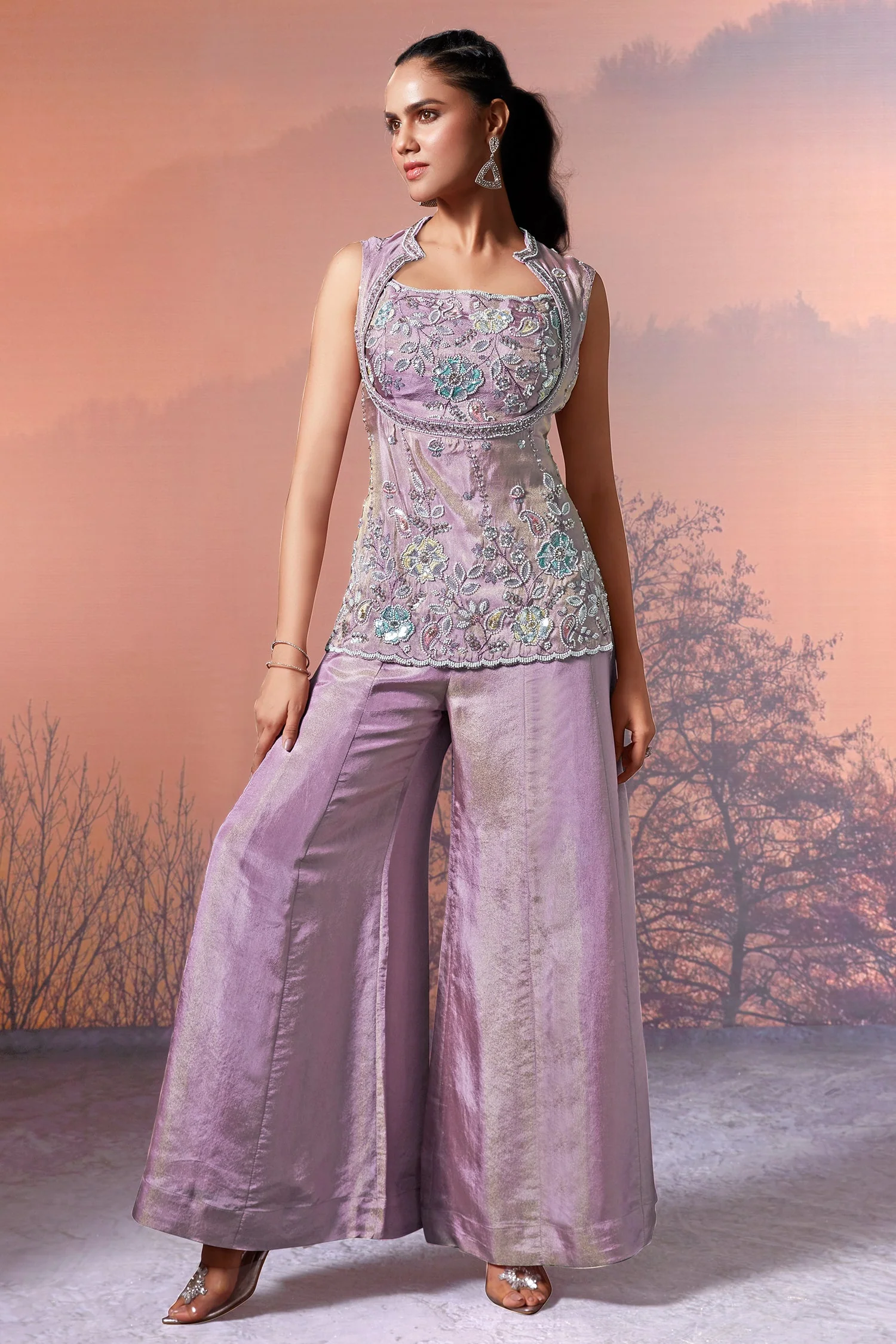 Lilac Purple Tissue Silk Sequin Beaded Palazzo Set - Image 3