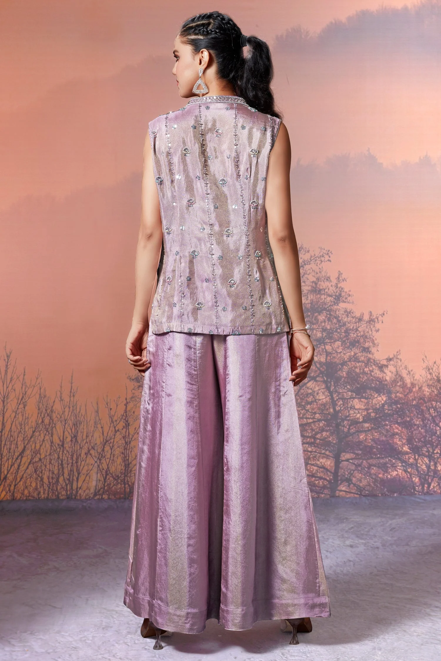 Lilac Purple Tissue Silk Sequin Beaded Palazzo Set - Image 4