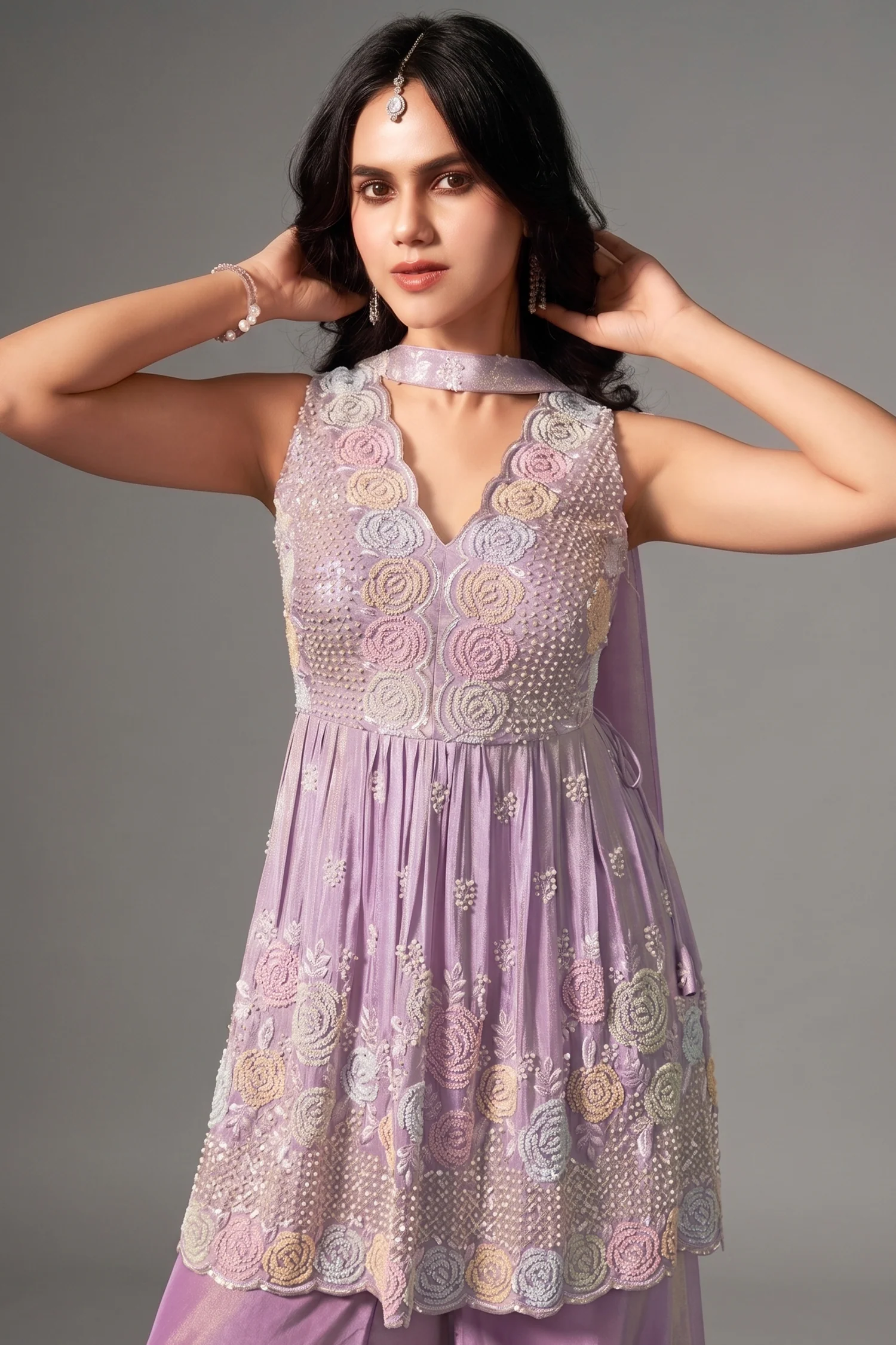Lilac Purple Tissue Silk Sequin Cutdana Worked Palazzo Suit - Image 2
