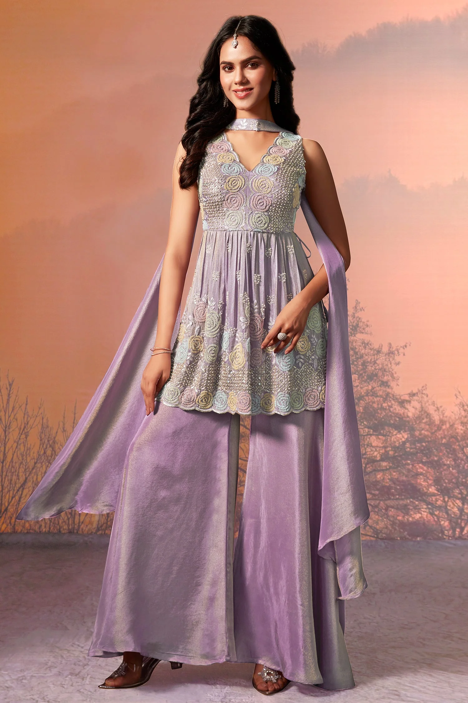 Lilac Purple Tissue Silk Sequin Cutdana Worked Palazzo Suit - Image 3