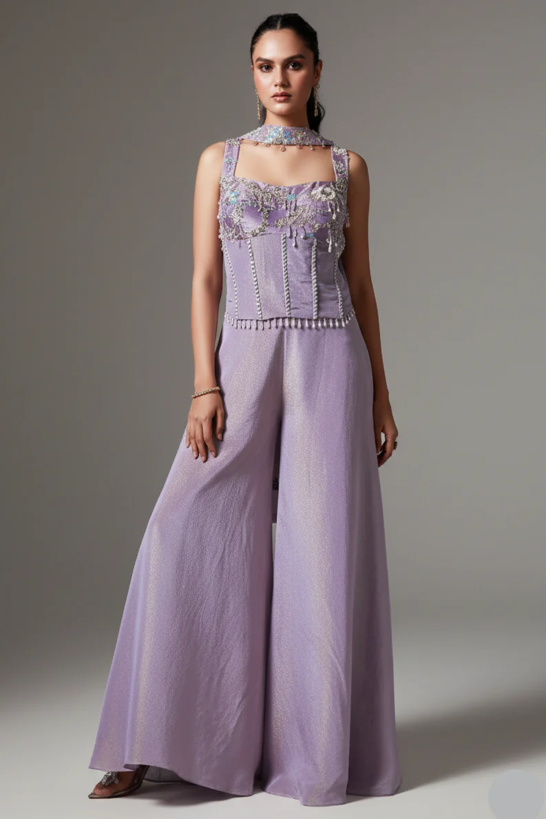 Lilac Purple Tissue Silk Seuqins Beaded Corset Palazzo Set