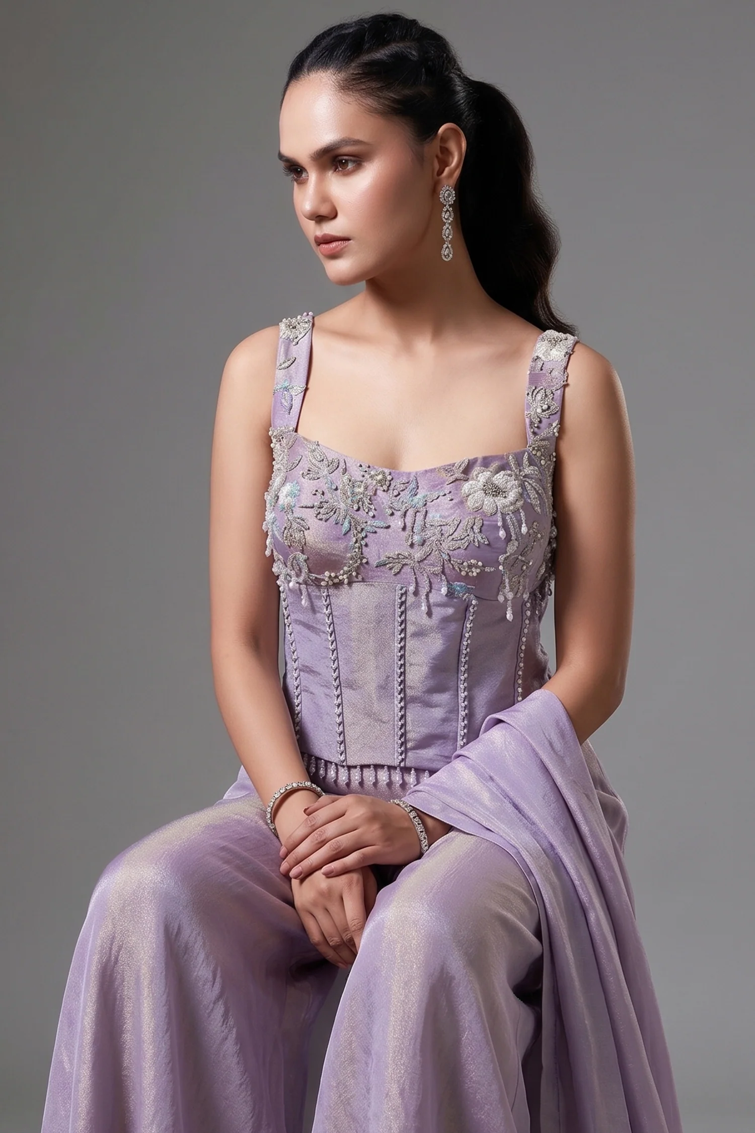 Lilac Purple Tissue Silk Seuqins Beaded Corset Palazzo Set - Image 2