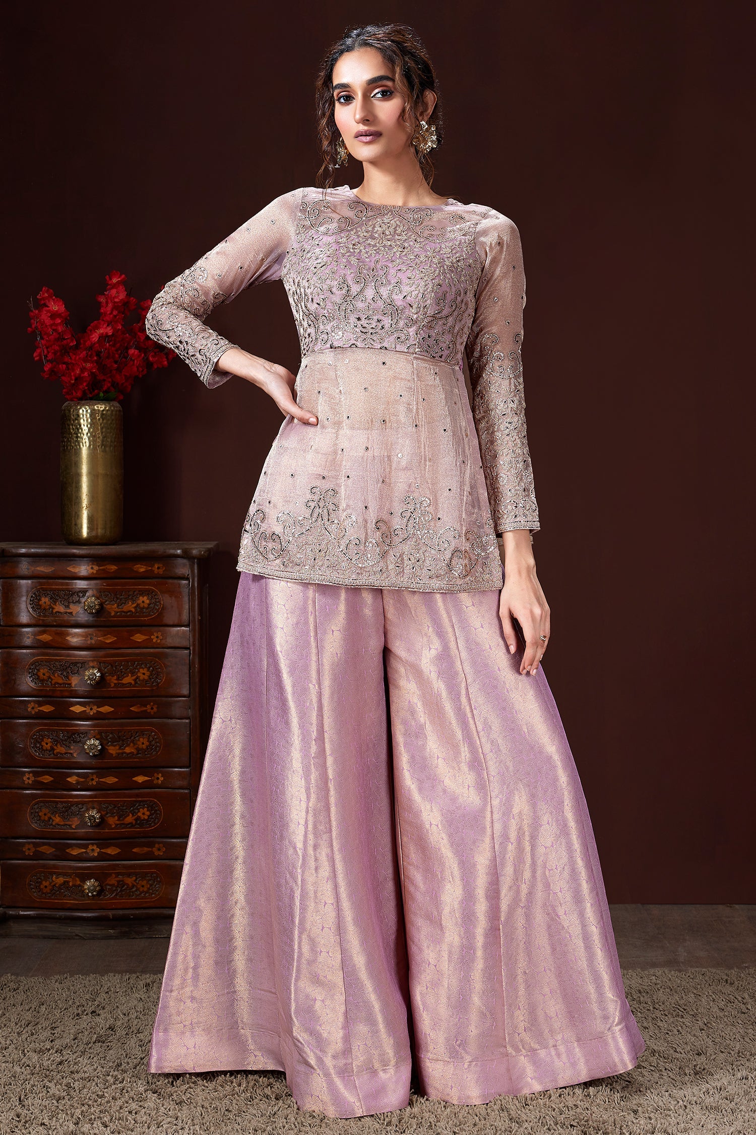 Lilac Tissue Sequin Embroidered Top and Palazzo Set - Image 2