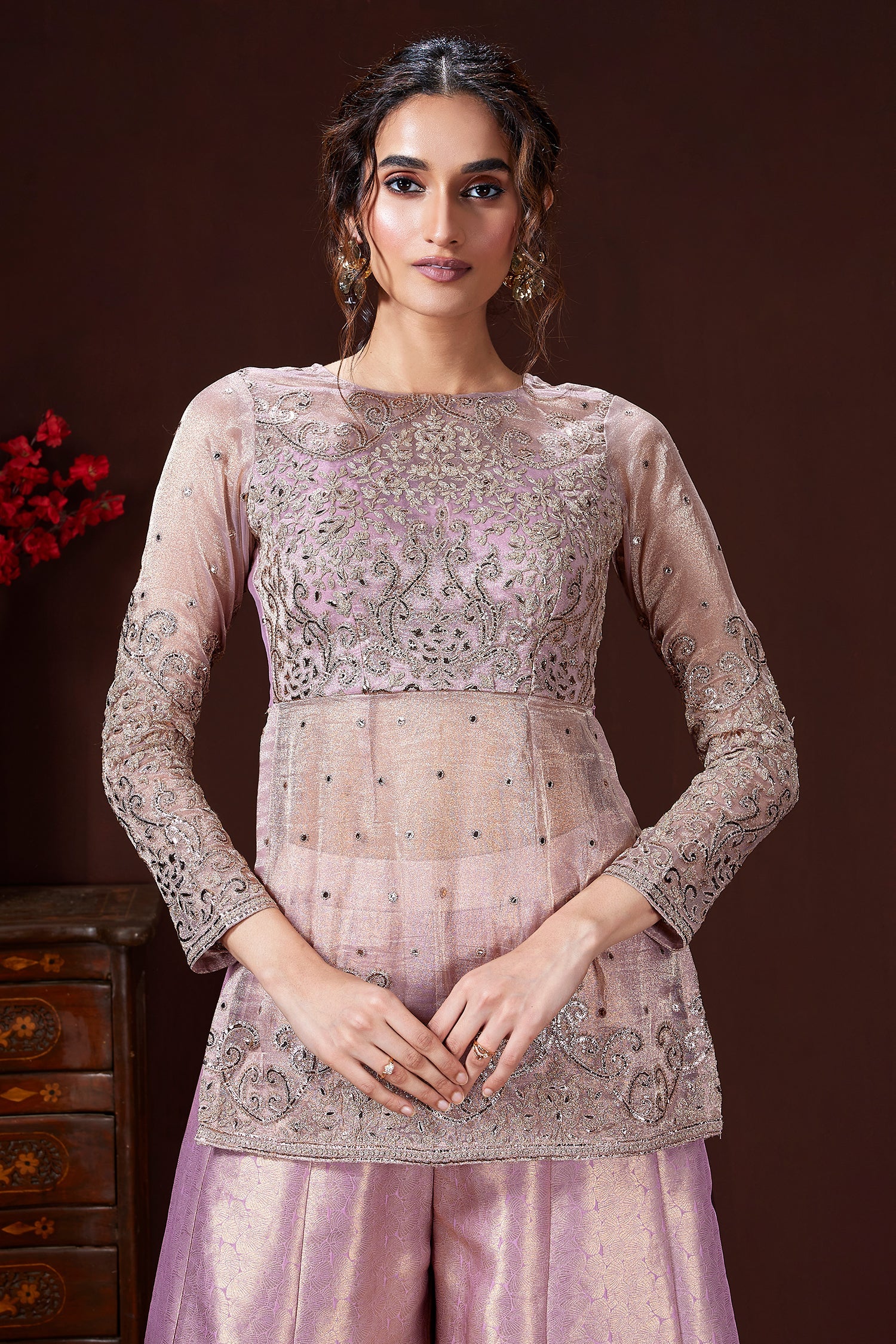 Lilac Tissue Sequin Embroidered Top and Palazzo Set - Image 3