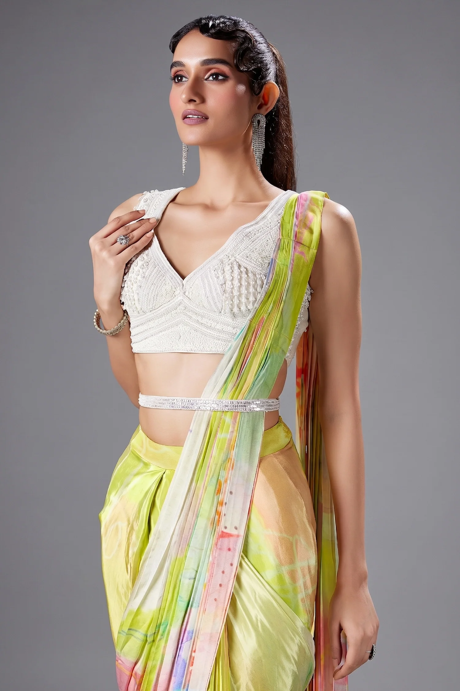 Lime Green and Multi Colored Crepe Silk Pre Draped Saree with Sequins and Cutdana Work Blouse - Image 2