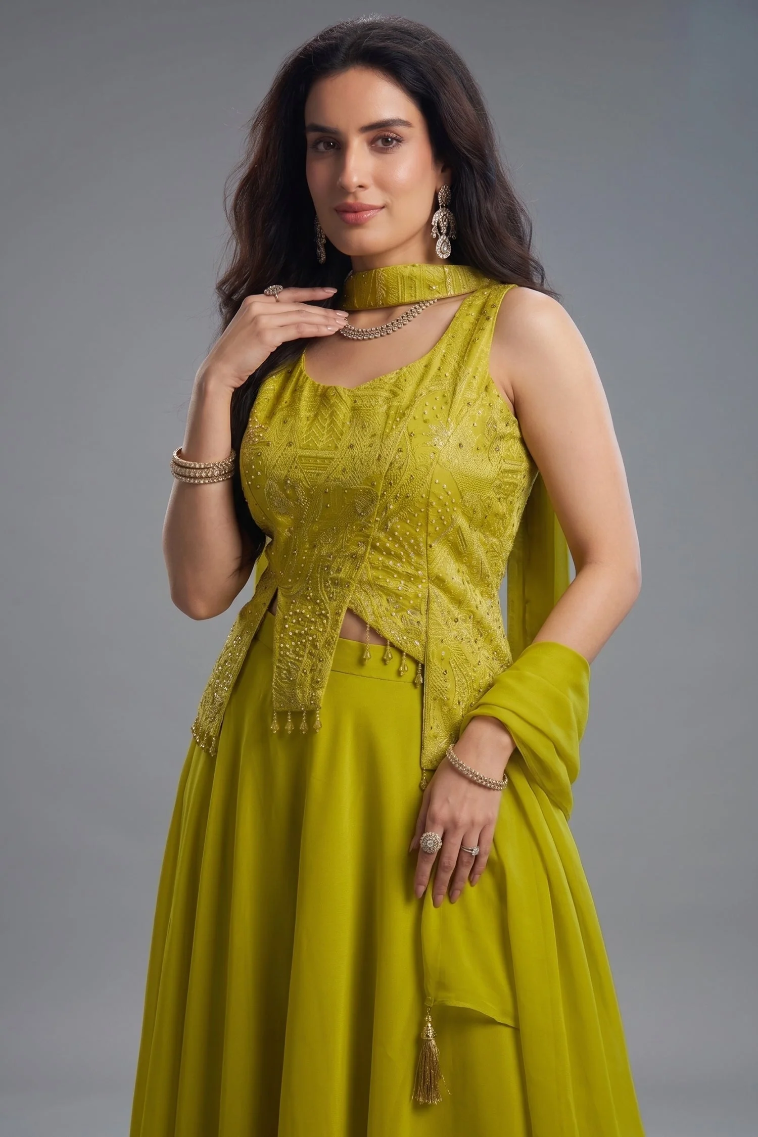Lime Green Art Silk Asymmetrical Top and Palazzo Set - Image 2