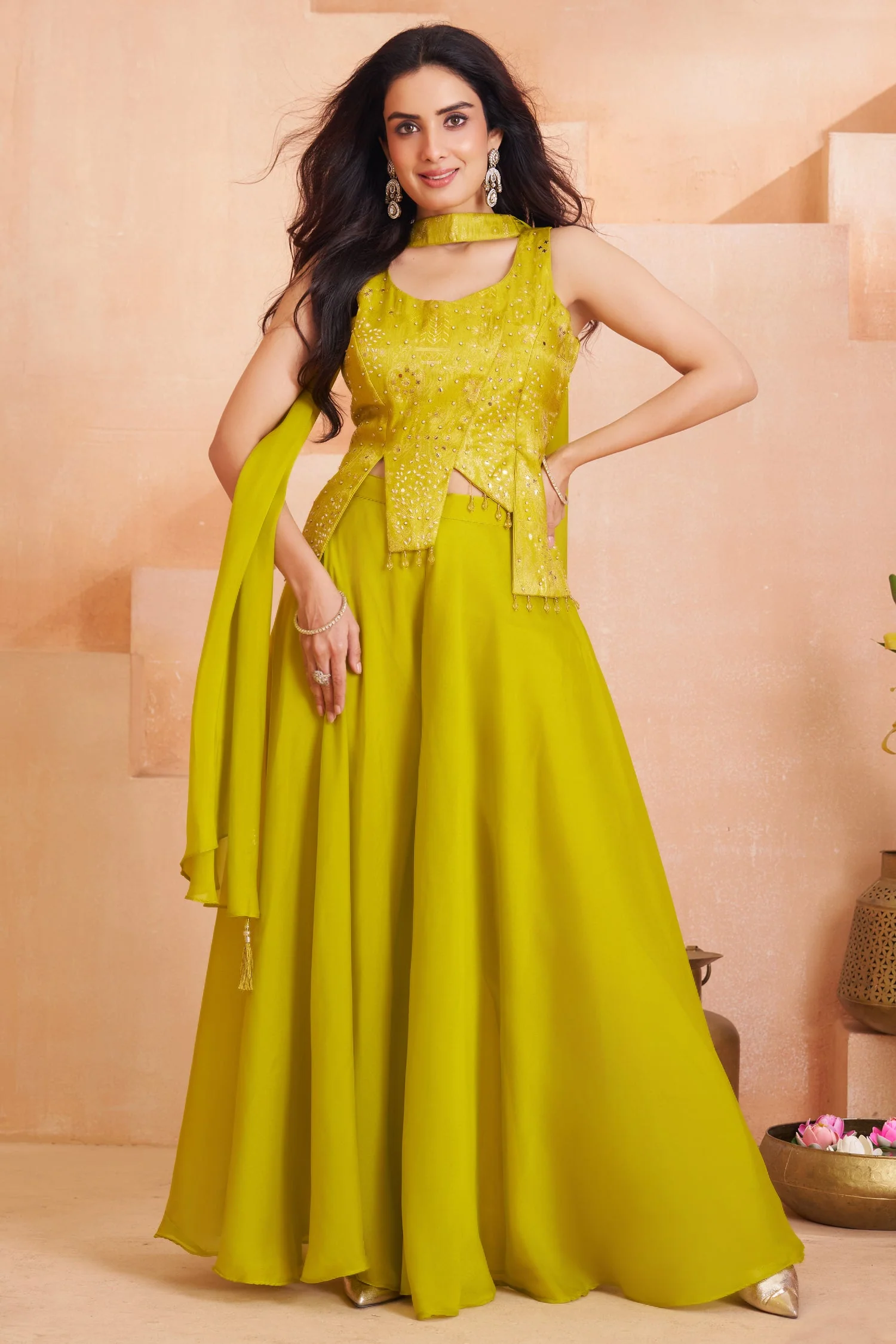 Lime Green Art Silk Asymmetrical Top and Palazzo Set - Image 3