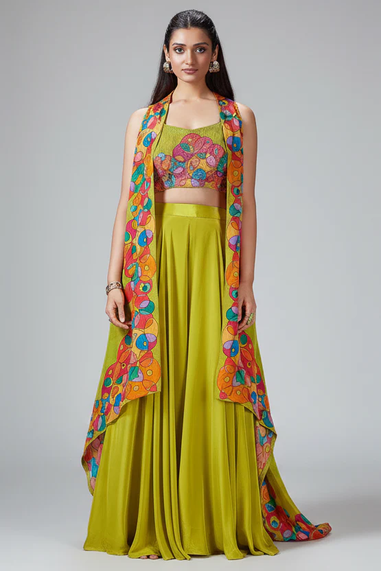 Lime Green Crepe Silk Cutdana Worked Crop Top Palazzo Set with Jacket