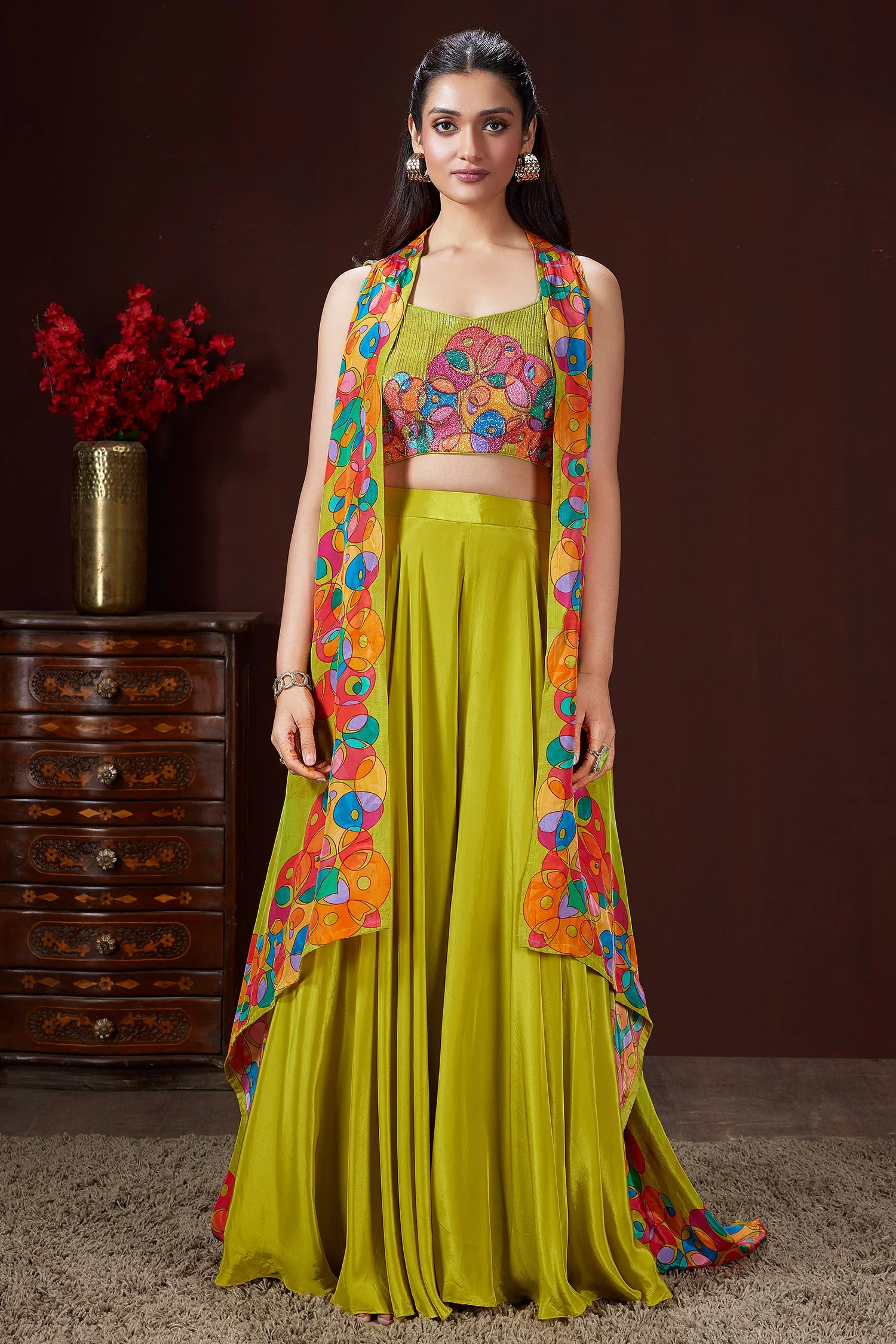 Lime Green Crepe Silk Cutdana Worked Crop Top Palazzo Set with Jacket - Image 2