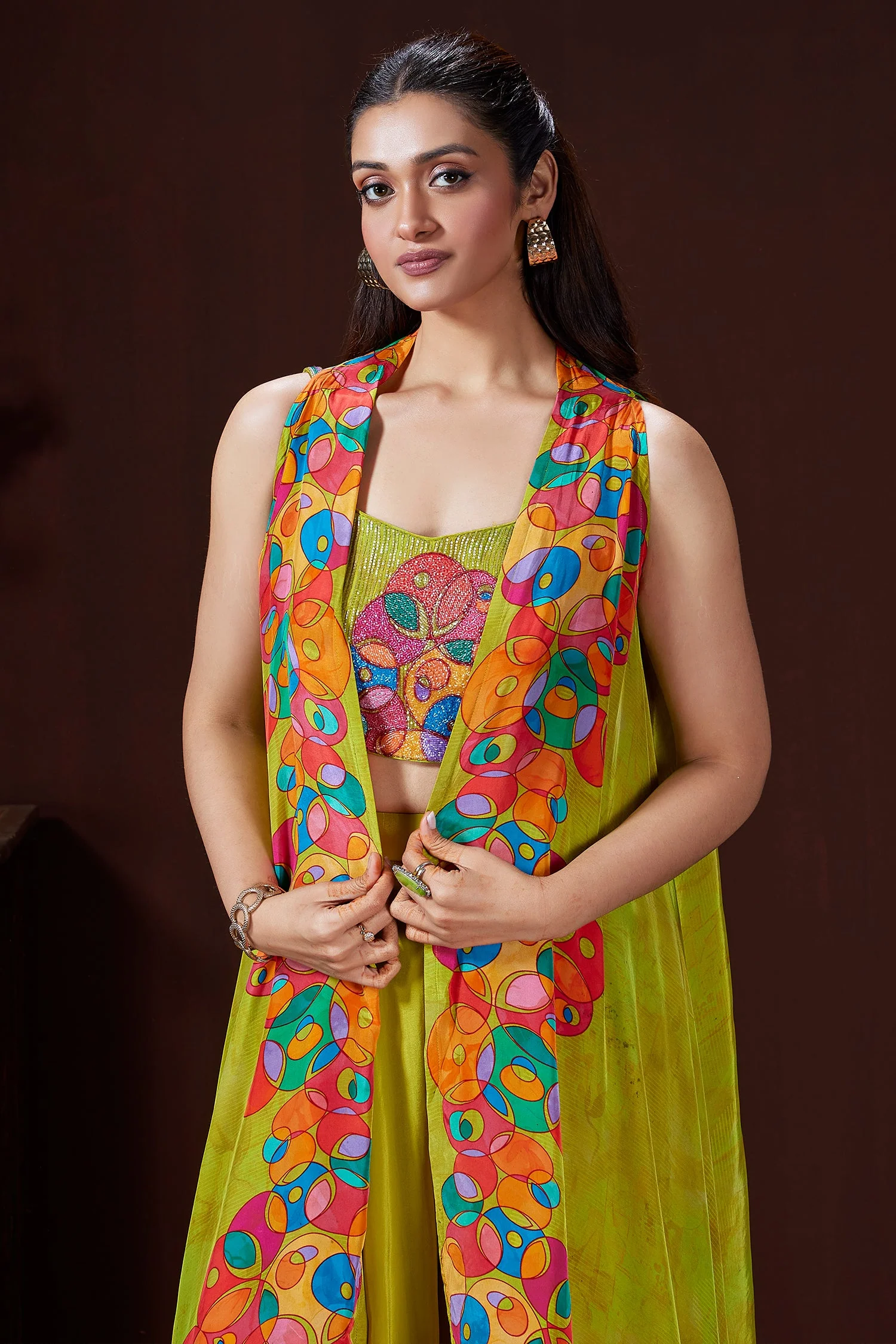 Lime Green Crepe Silk Cutdana Worked Crop Top Palazzo Set with Jacket - Image 3