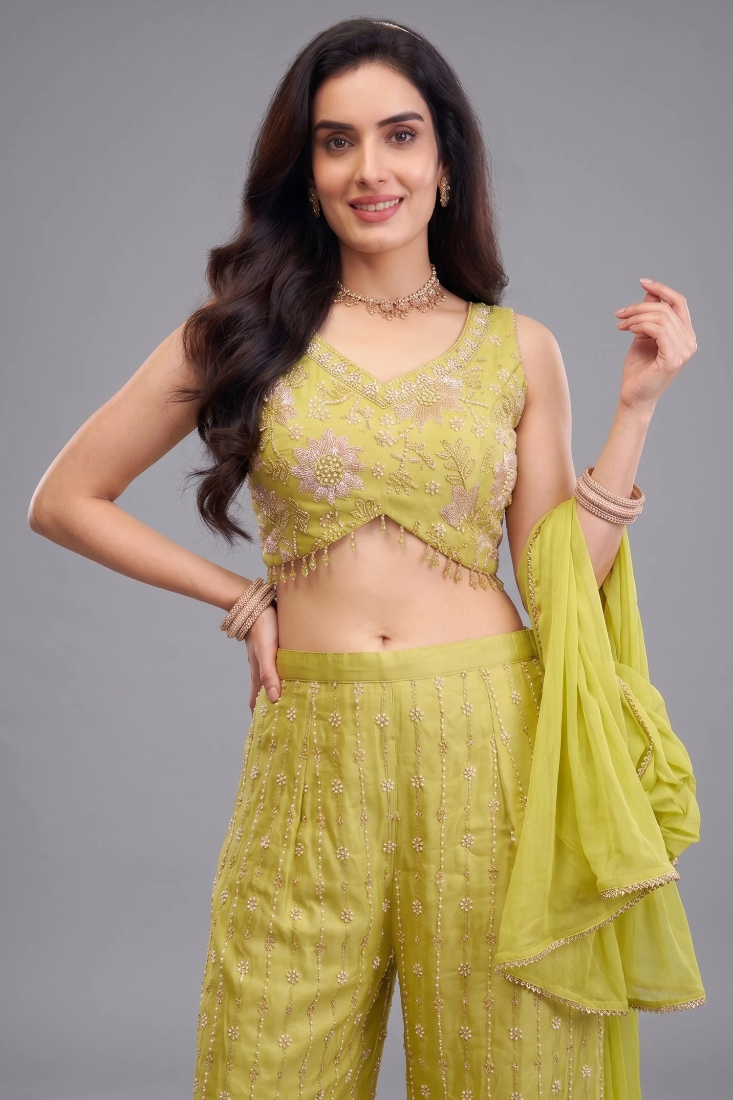 Lime Green Glass Tissue Cutdana and Sequin Worked Crop Top Palazzo Set - Image 2
