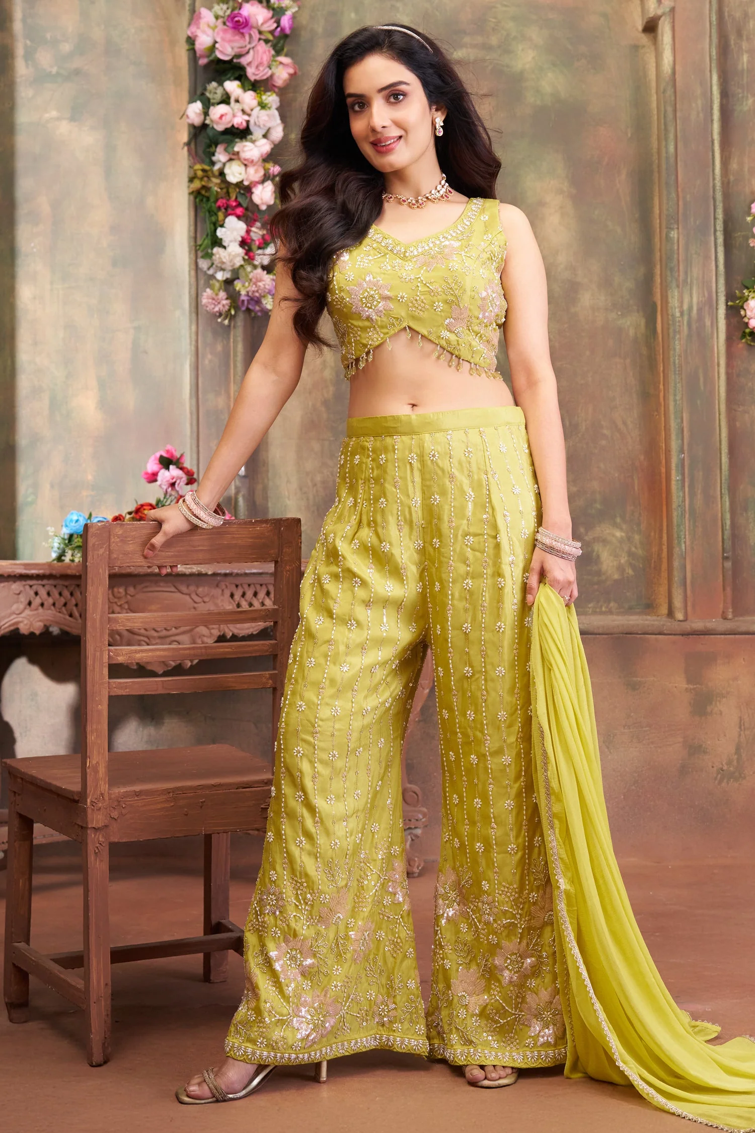 Lime Green Glass Tissue Cutdana and Sequin Worked Crop Top Palazzo Set - Image 3
