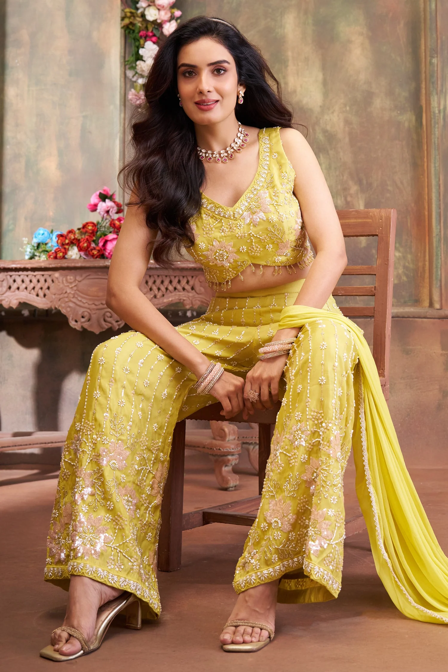 Lime Green Glass Tissue Cutdana and Sequin Worked Crop Top Palazzo Set - Image 4