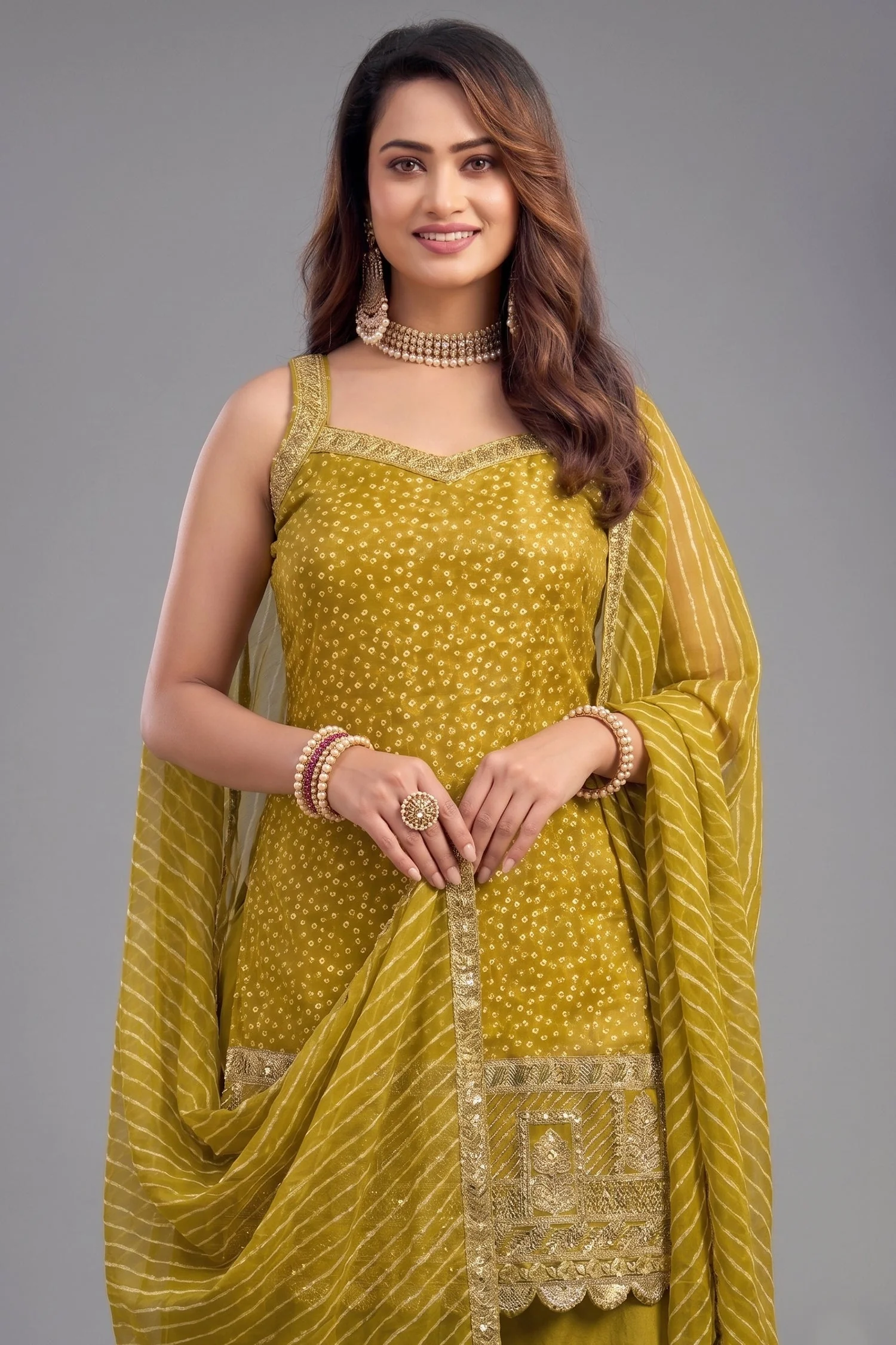 Lime Green Tissue Printed Palazzo Suit - Image 2