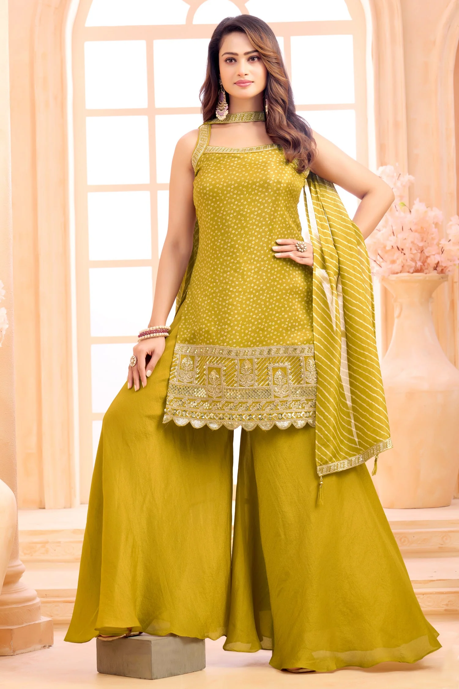 Lime Green Tissue Printed Palazzo Suit - Image 3