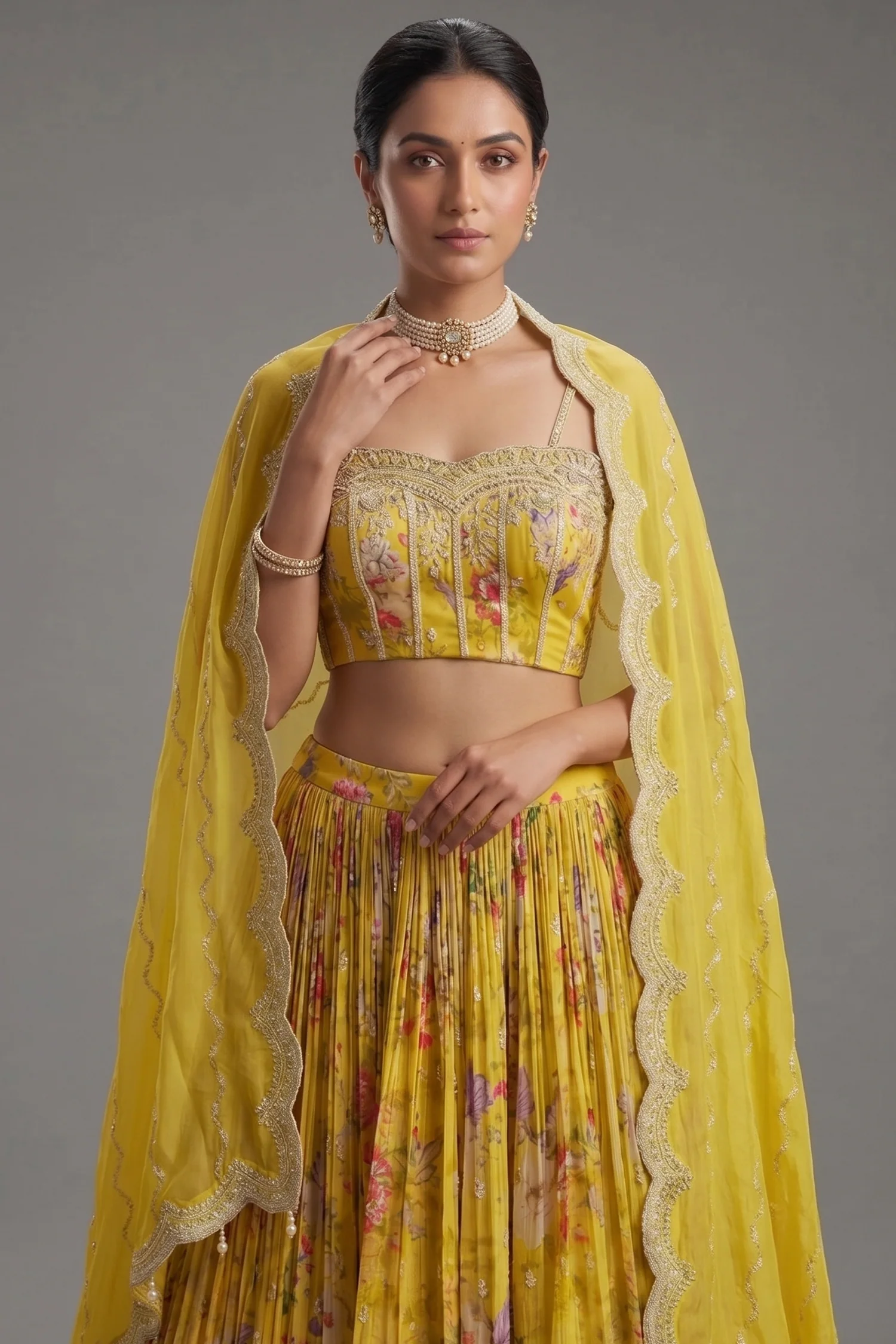 Lime Yellow Chiffon Chinon Silk Floral Printed Corset Lehenga - Image 2