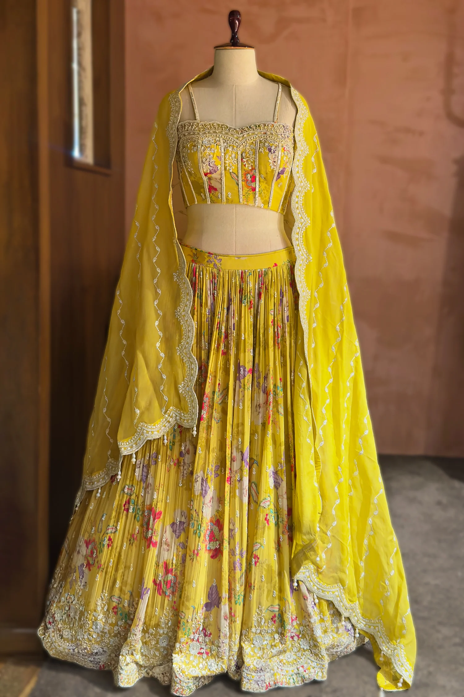 Lime Yellow Chiffon Chinon Silk Floral Printed Corset Lehenga - Image 3